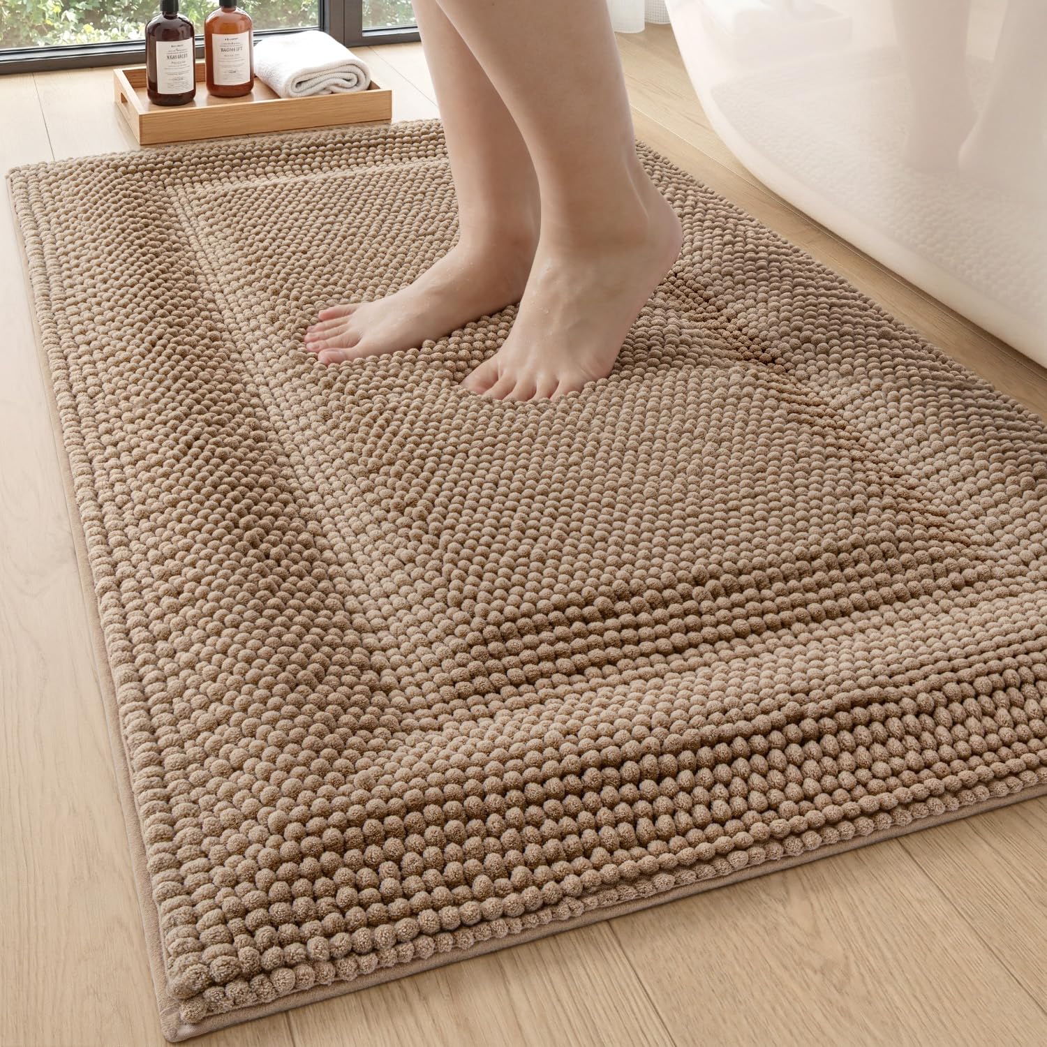 DEXI Memory Foam Bath Mat 32x20, Soft Absorbent Chenille Bathroom Rug, Non Slip Quick Dry Bath Mats for Bathroom, Thick Plush Floor Carpet for Tub Shower, Sink, Ivory