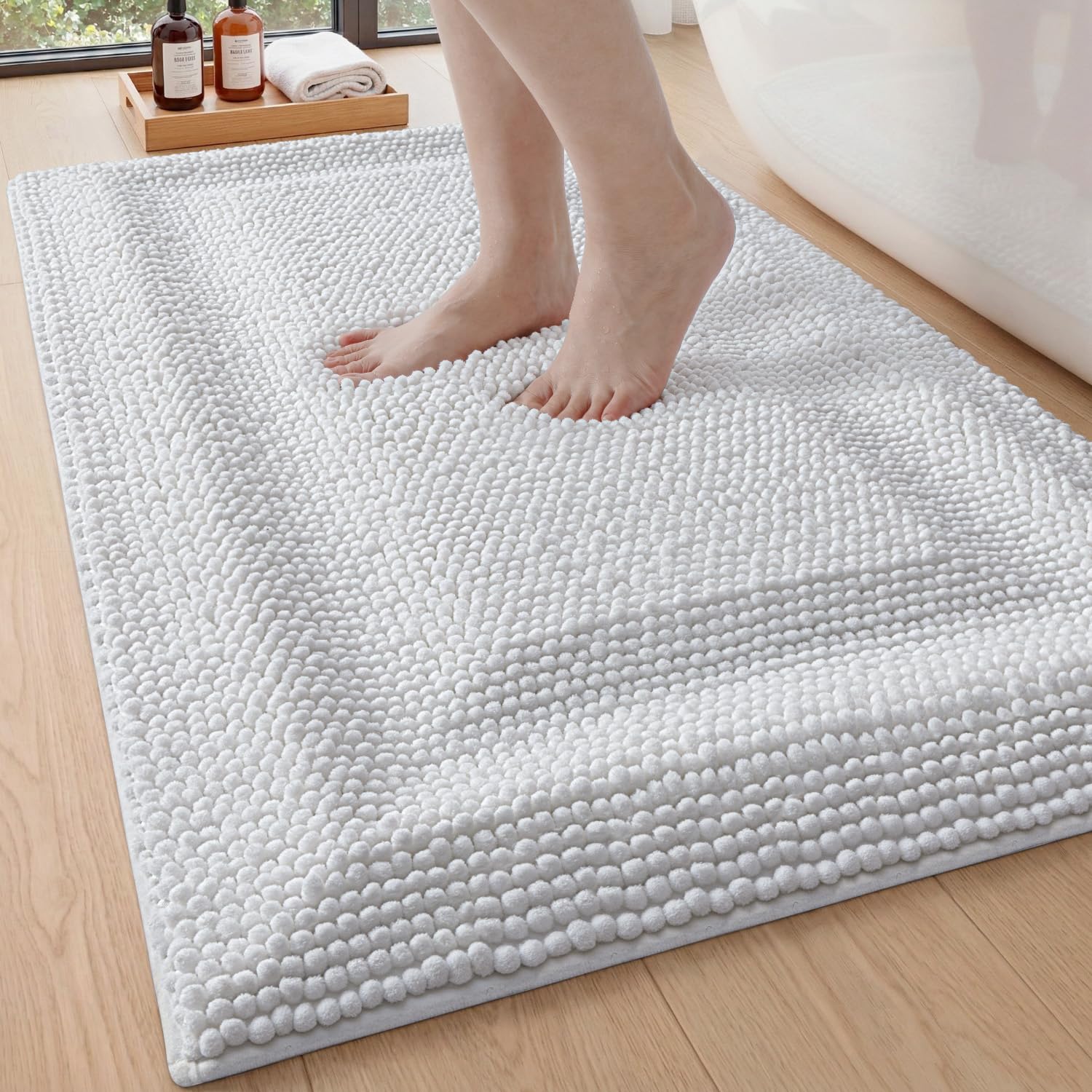 DEXI Memory Foam Bath Mat 24x17, Soft Absorbent Chenille Bathroom Rug, Non Slip Quick Dry Bath Mats for Bathroom, Thick Plush Floor Carpet for Tub Shower, Sink, Beige