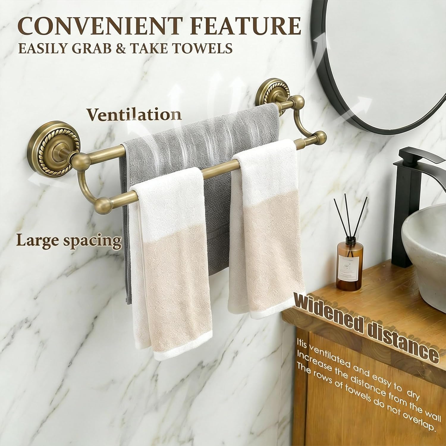Double Bath Towel Bar, Antique Brass Wall Mounted Towel Rack, Adjustable 14-25 Inch Heavy Duty Rustproof Brass Towel Rod Holder for Bathroom Kitchen