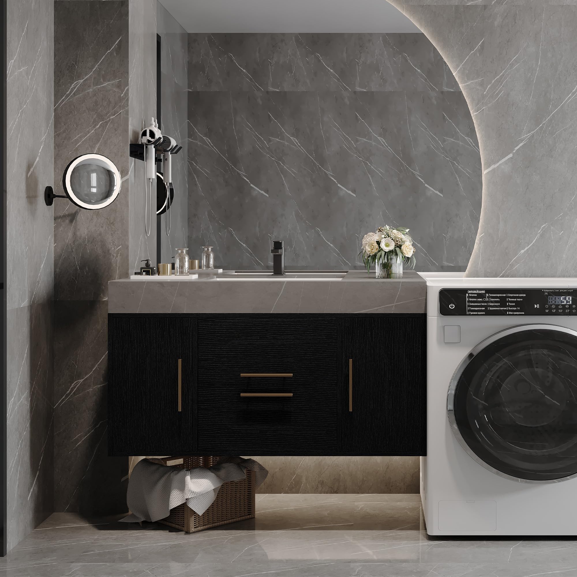 40 inch Modern Floating Bathroom Vanity with Sink, Wall Mounted Bathroom Cabinet with Ceramic Sink, Sintered Stone Countertop, 2 Soft Closing Drawers & Open Storage Shelf, Black