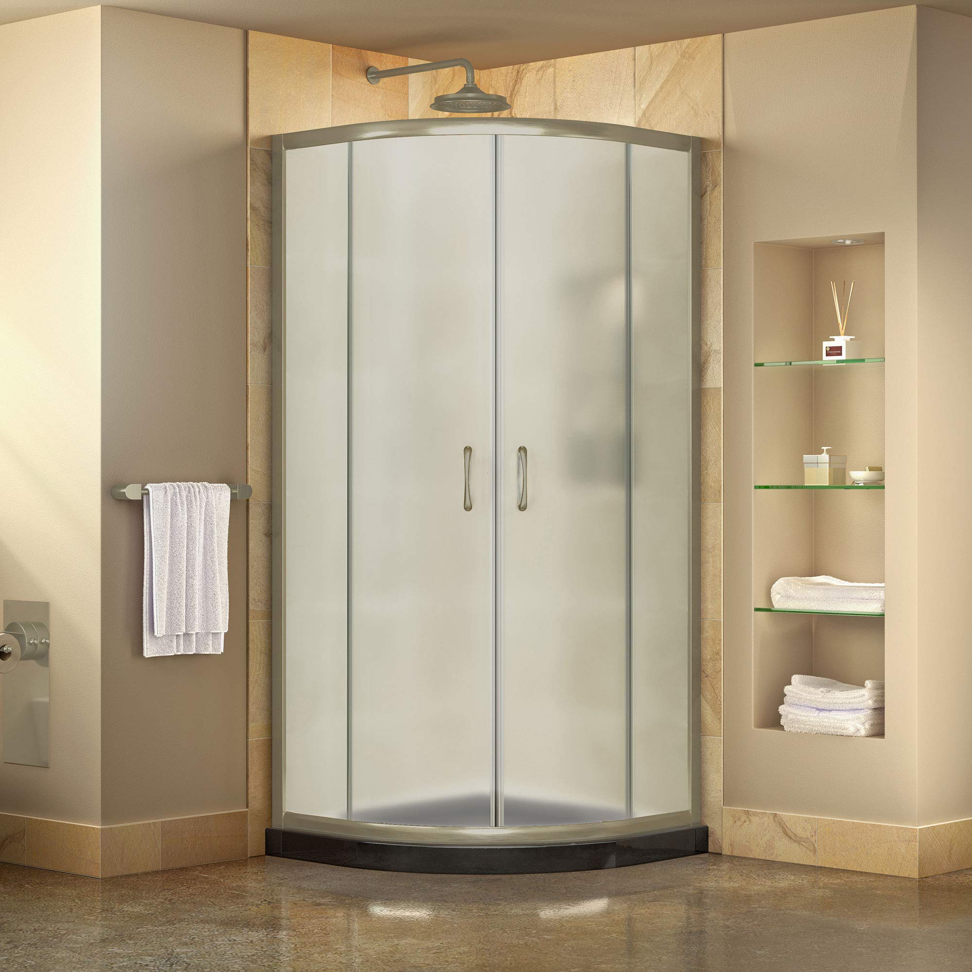 DreamLine Prime 36 in. x 74 3/4 in. Semi-Frameless Frosted Glass Sliding Shower Enclosure in Chrome with White Base Kit, DL-6702-01FR