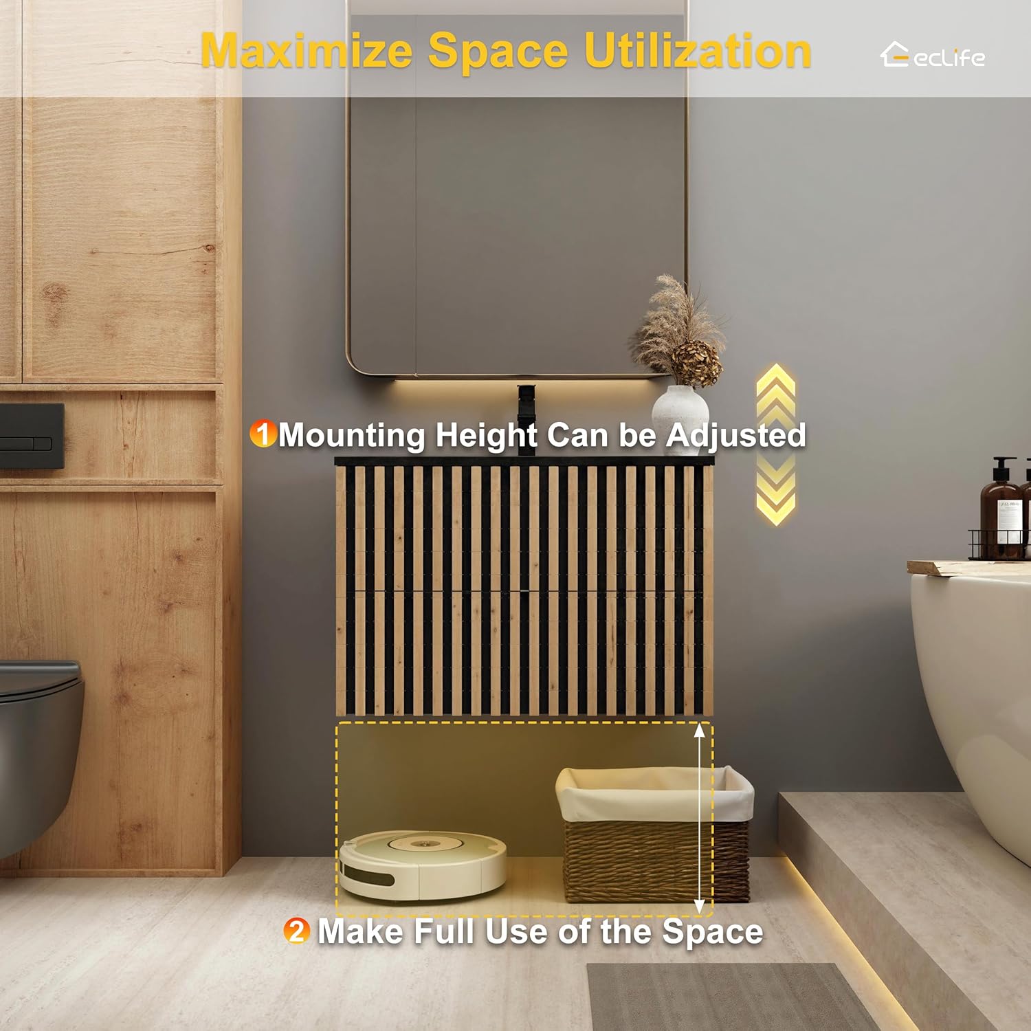 eclife 30" Floating Bathroom Vanity with Sink Combo, Modern Wall Mounted Two-Tone Cabinet with Fluted Drawers, Undermount Black Sink, Include Faucet, Drain, Mixed Natural