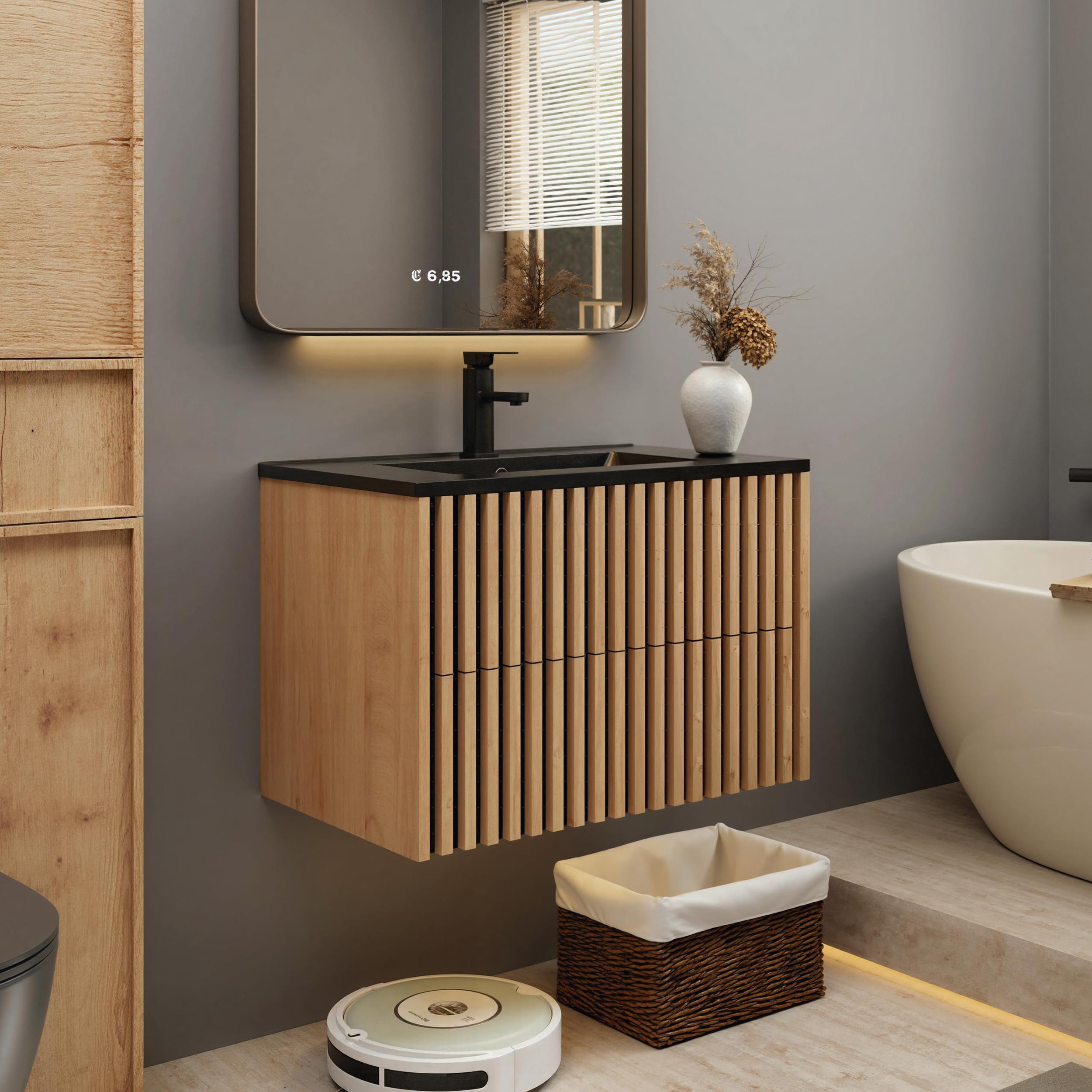 eclife 30" Floating Bathroom Vanity with Sink Combo, Modern Wall Mounted Two-Tone Cabinet with Fluted Drawers, Undermount Black Sink, Include Faucet, Drain, Mixed Natural