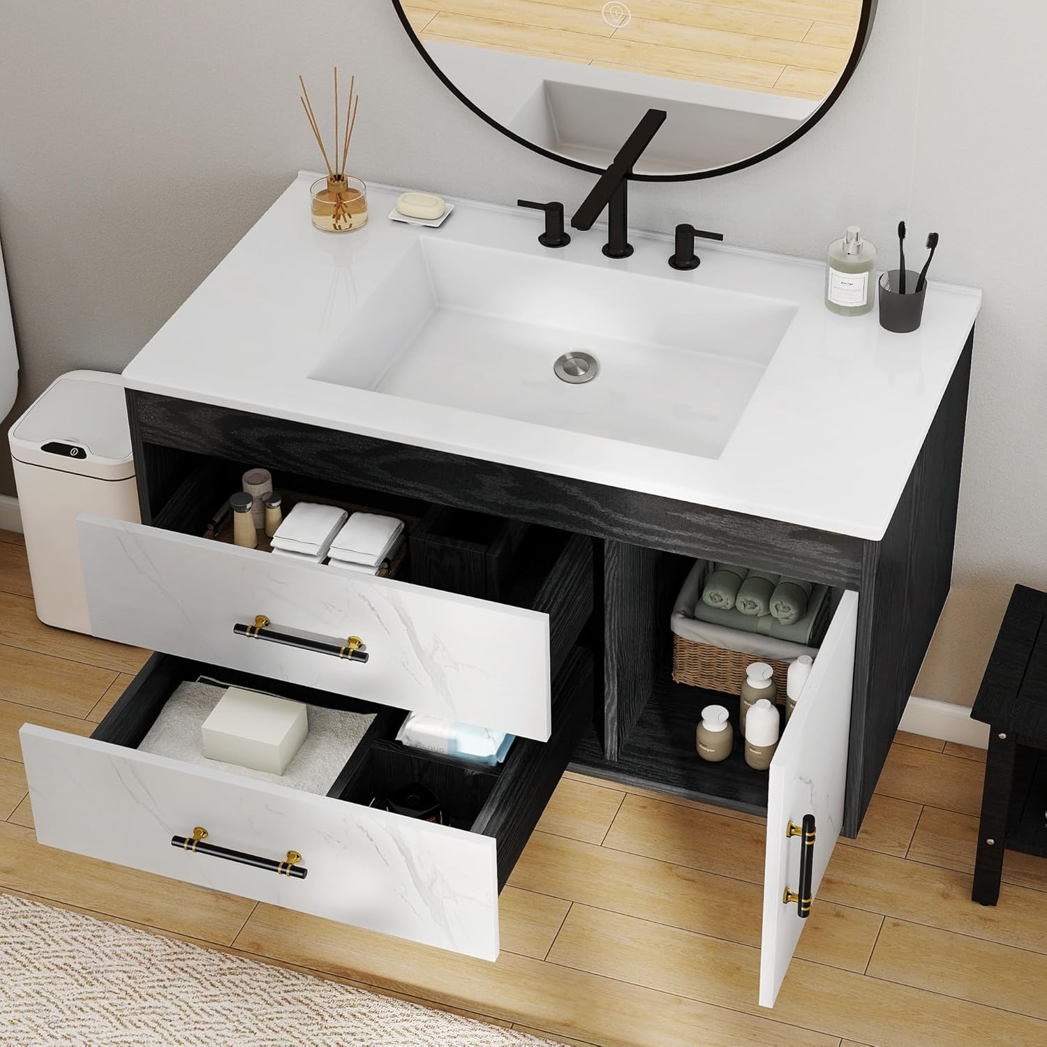DWVO 36 Inch Floating Bathroom Vanity with Sink, Wall Mounted Bathroom Vanity with Marble Pattern, 2 Drawers & 1 Soft-Close System Cabinet, Pre-drilled Three Holes