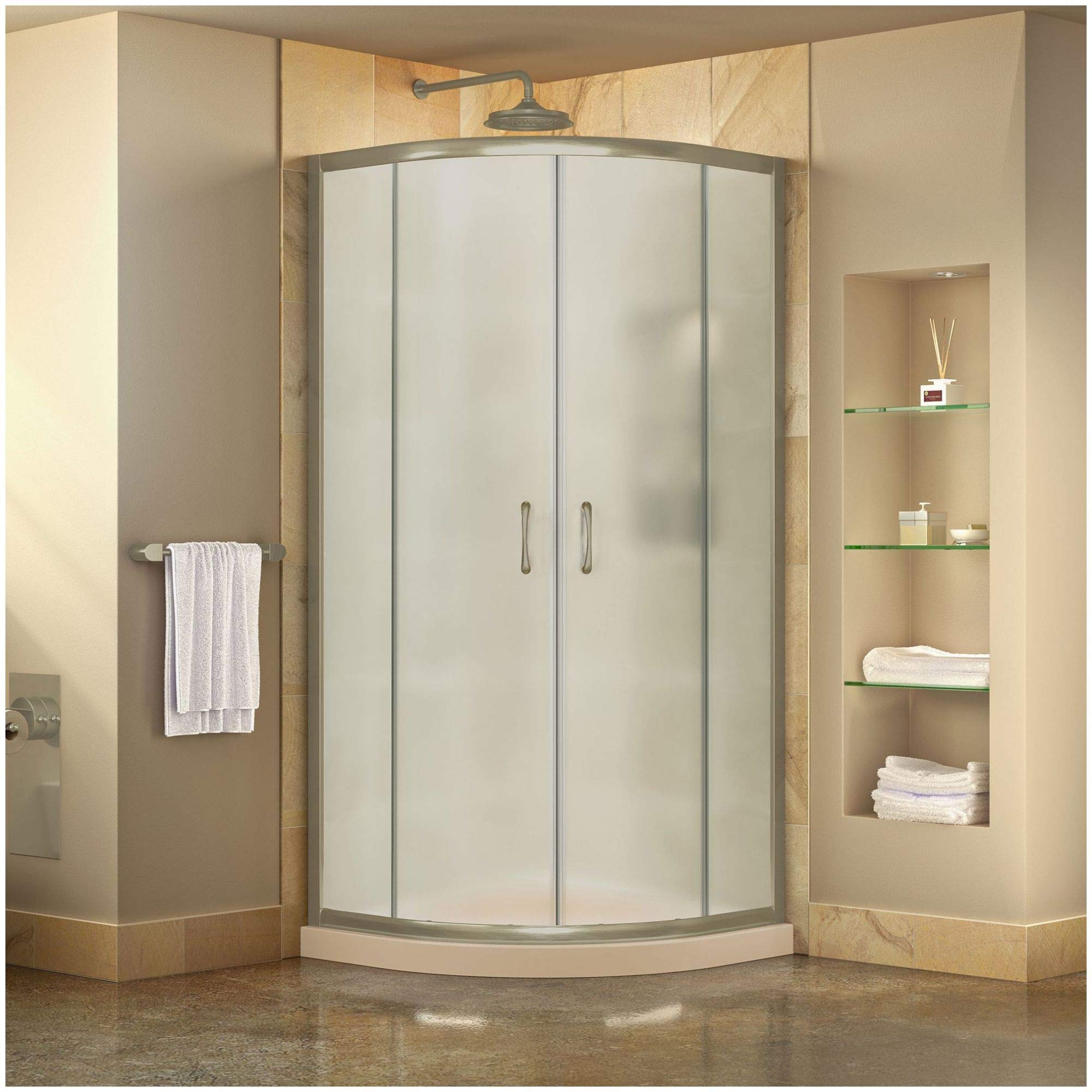DreamLine Prime 36 in. x 74 3/4 in. Semi-Frameless Frosted Glass Sliding Shower Enclosure in Chrome with White Base Kit, DL-6702-01FR
