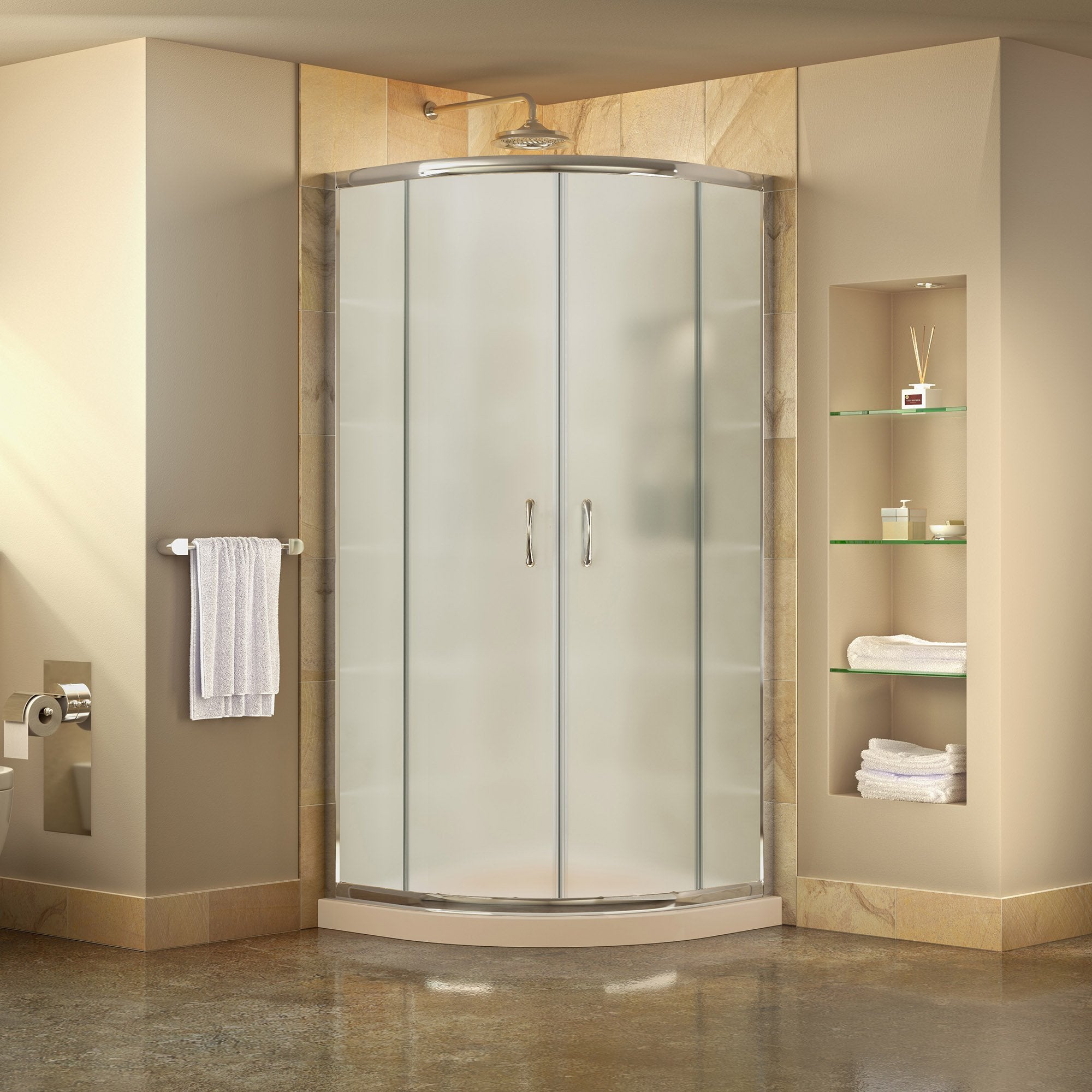 DreamLine Prime 36 in. x 74 3/4 in. Semi-Frameless Frosted Glass Sliding Shower Enclosure in Chrome with White Base Kit, DL-6702-01FR