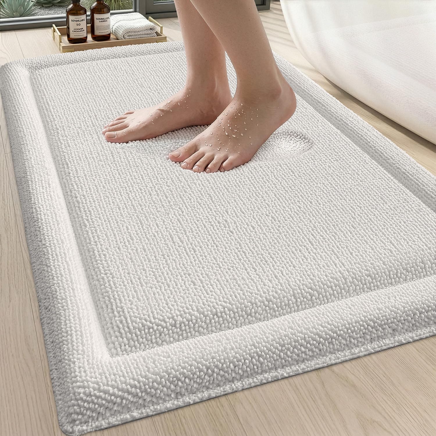 DEXI Memory Foam Bath Mat 32x20, Soft Absorbent Chenille Bathroom Rug, Non Slip Quick Dry Bath Mats for Bathroom, Thick Plush Floor Carpet for Tub Shower, Sink, Ivory