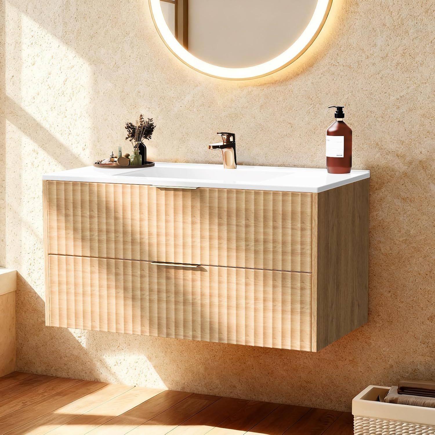 36 Inch Bathroom Vanity with Sink, Modern Floating Bathroom Vanity with Resin Sink, 2 Large Storage Darwers, Wood Grain Texture Wall Mounted Vanity, Gold Handles (36'')