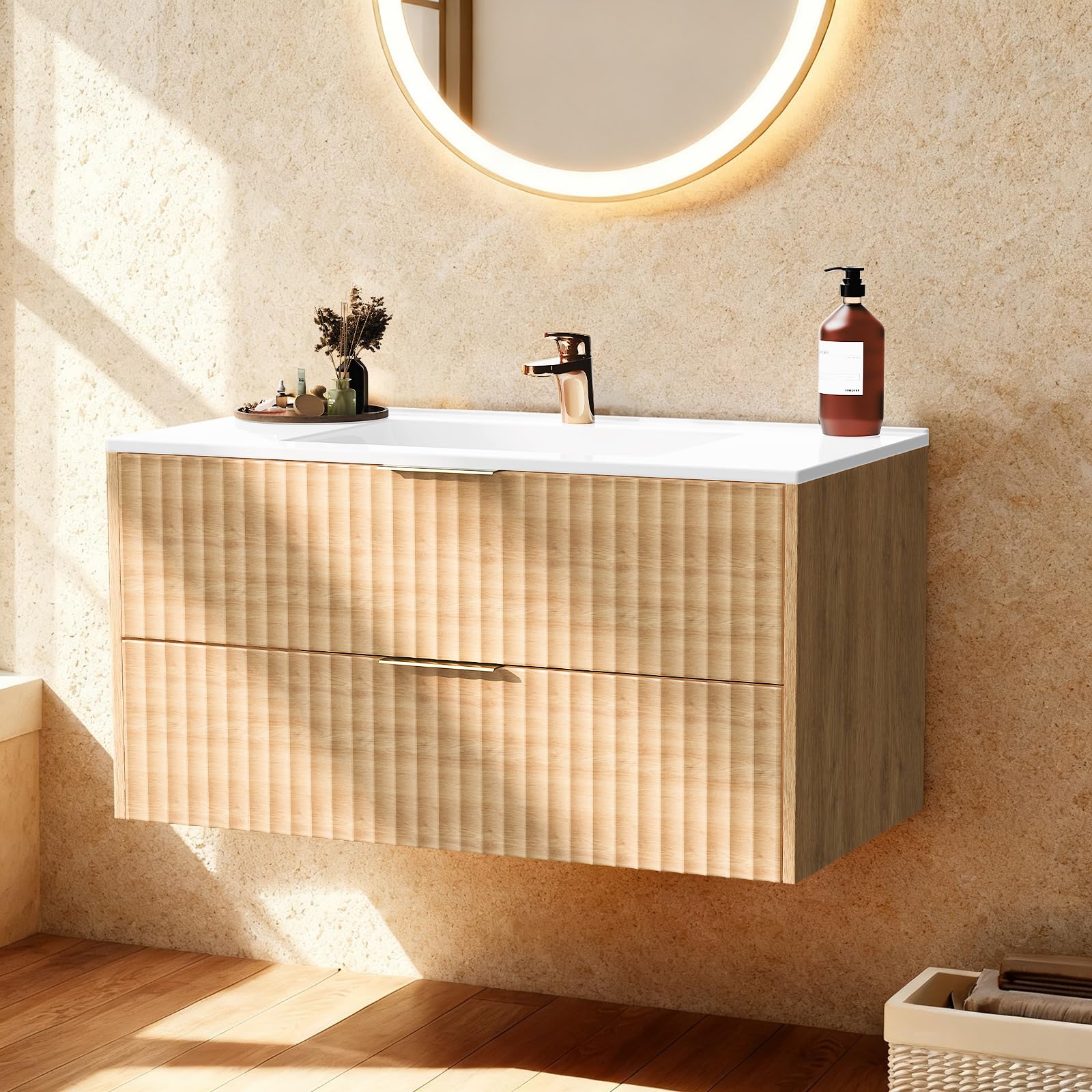 36 Inch Bathroom Vanity with Sink, Modern Floating Bathroom Vanity with Resin Sink, 2 Large Storage Darwers, Wood Grain Texture Wall Mounted Vanity, Gold Handles (36'')