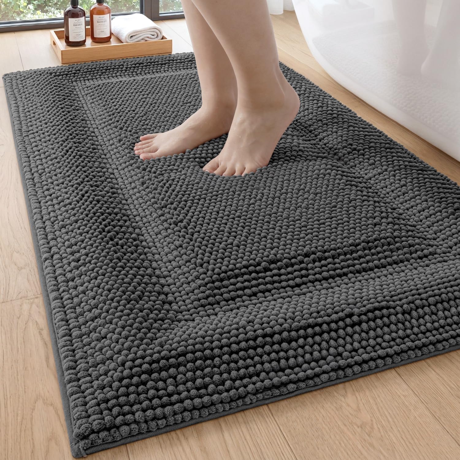 DEXI Memory Foam Bath Mat 24x17, Soft Absorbent Chenille Bathroom Rug, Non Slip Quick Dry Bath Mats for Bathroom, Thick Plush Floor Carpet for Tub Shower, Sink, Beige