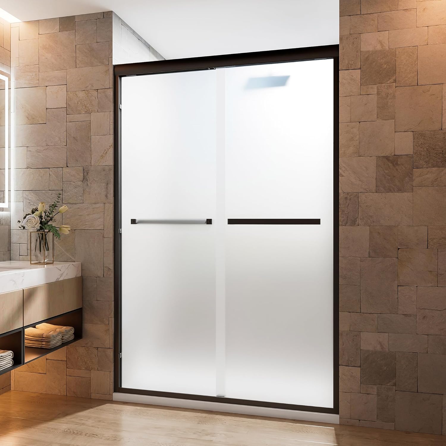 Frosted Glass Shower Door 44–48 in W × 72 in H, Sliding Frosted Shower Door, 1/4" (6mm) Tempered Glass Bypass Shower Door for Bathroom, Privacy Frosted Glass Shower Doors