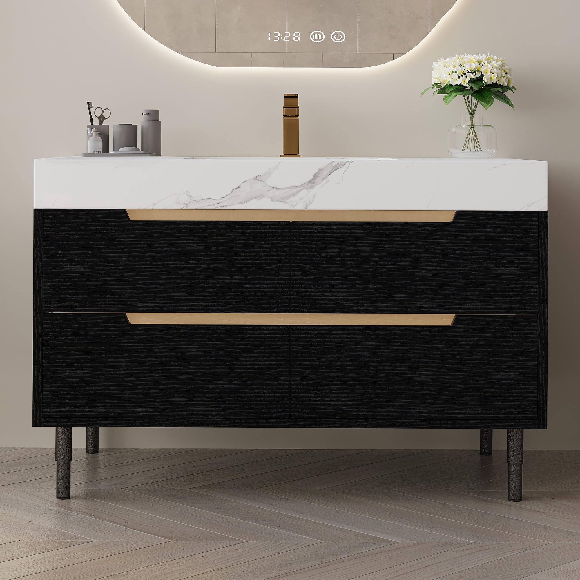 40 inch Modern Floating Bathroom Vanity with Sink, Wall Mounted Bathroom Cabinet with Ceramic Sink, Sintered Stone Countertop, 2 Soft Closing Drawers & Open Storage Shelf, Black