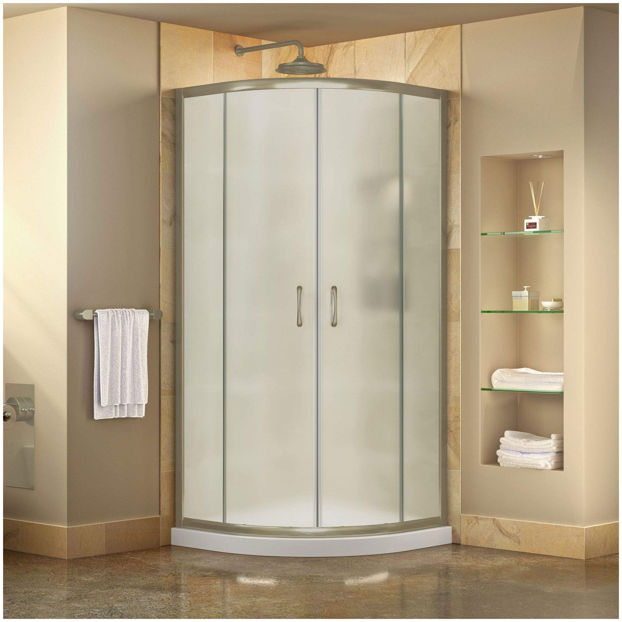 DreamLine Prime 36 in. x 74 3/4 in. Semi-Frameless Frosted Glass Sliding Shower Enclosure in Chrome with White Base Kit, DL-6702-01FR