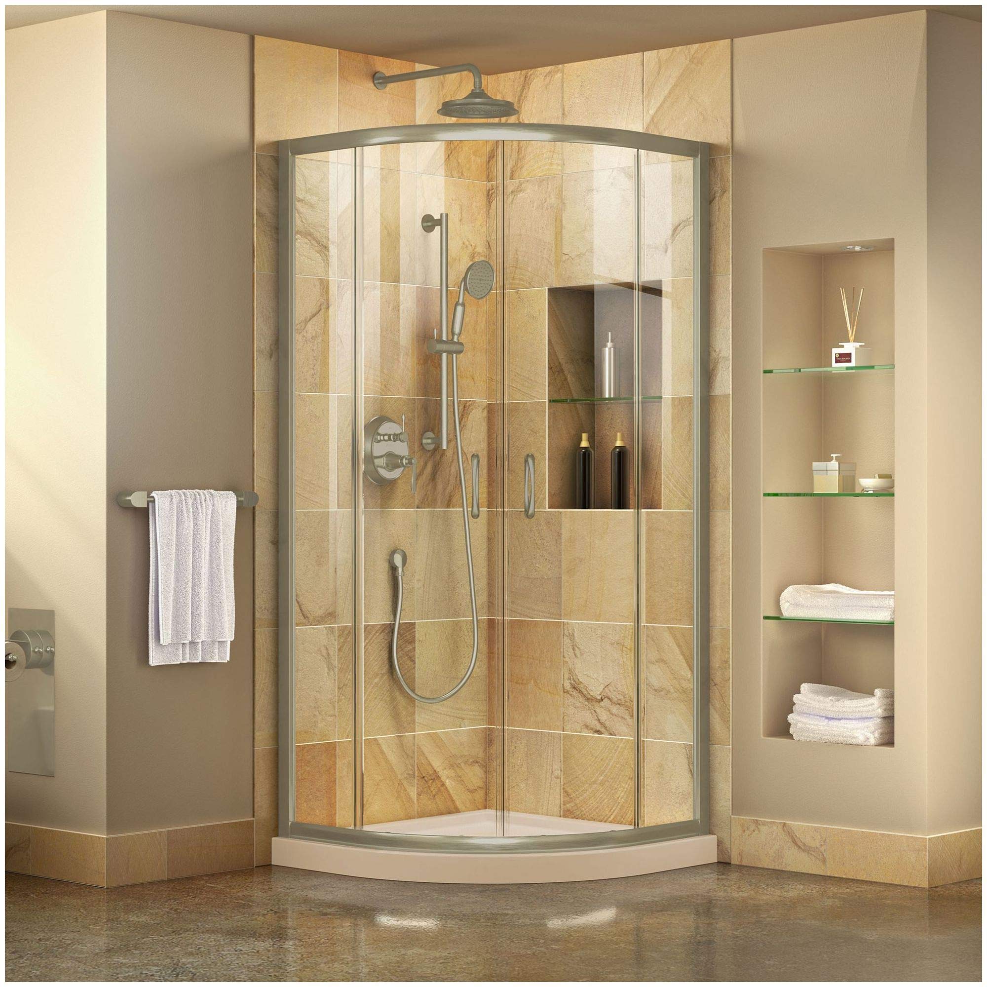 DreamLine Prime 36 in. x 74 3/4 in. Semi-Frameless Frosted Glass Sliding Shower Enclosure in Chrome with White Base Kit, DL-6702-01FR
