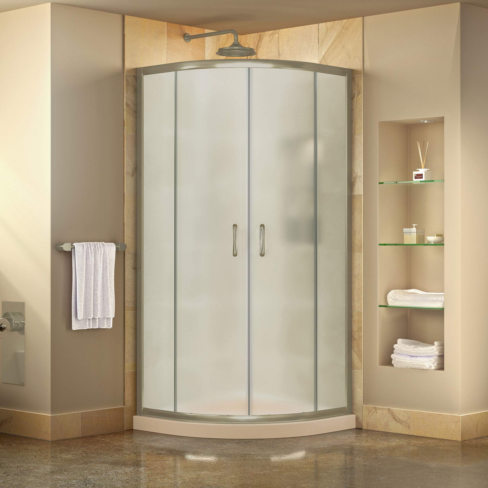 DreamLine Prime 36 in. x 74 3/4 in. Semi-Frameless Frosted Glass Sliding Shower Enclosure in Chrome with White Base Kit, DL-6702-01FR