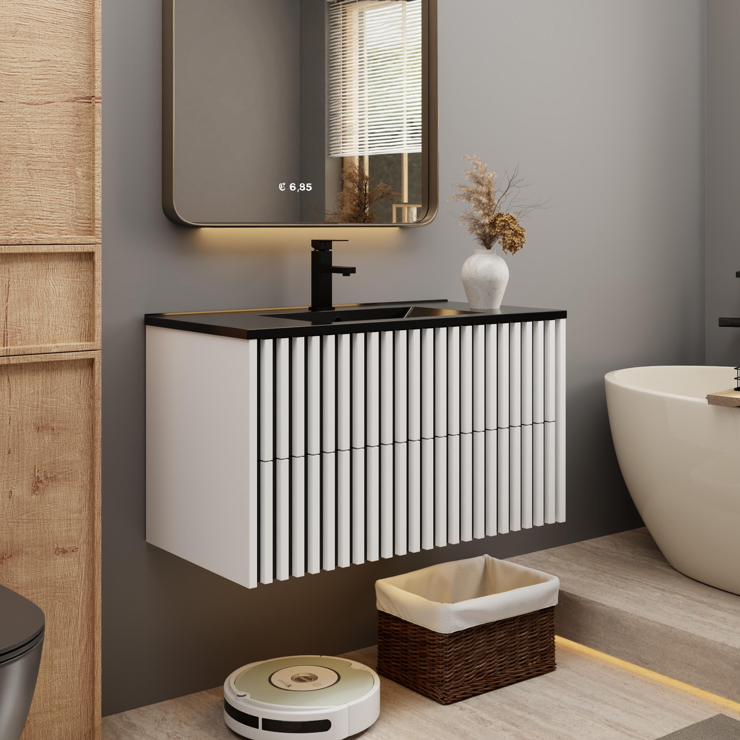 eclife 30" Floating Bathroom Vanity with Sink Combo, Modern Wall Mounted Two-Tone Cabinet with Fluted Drawers, Undermount Black Sink, Include Faucet, Drain, Mixed Natural