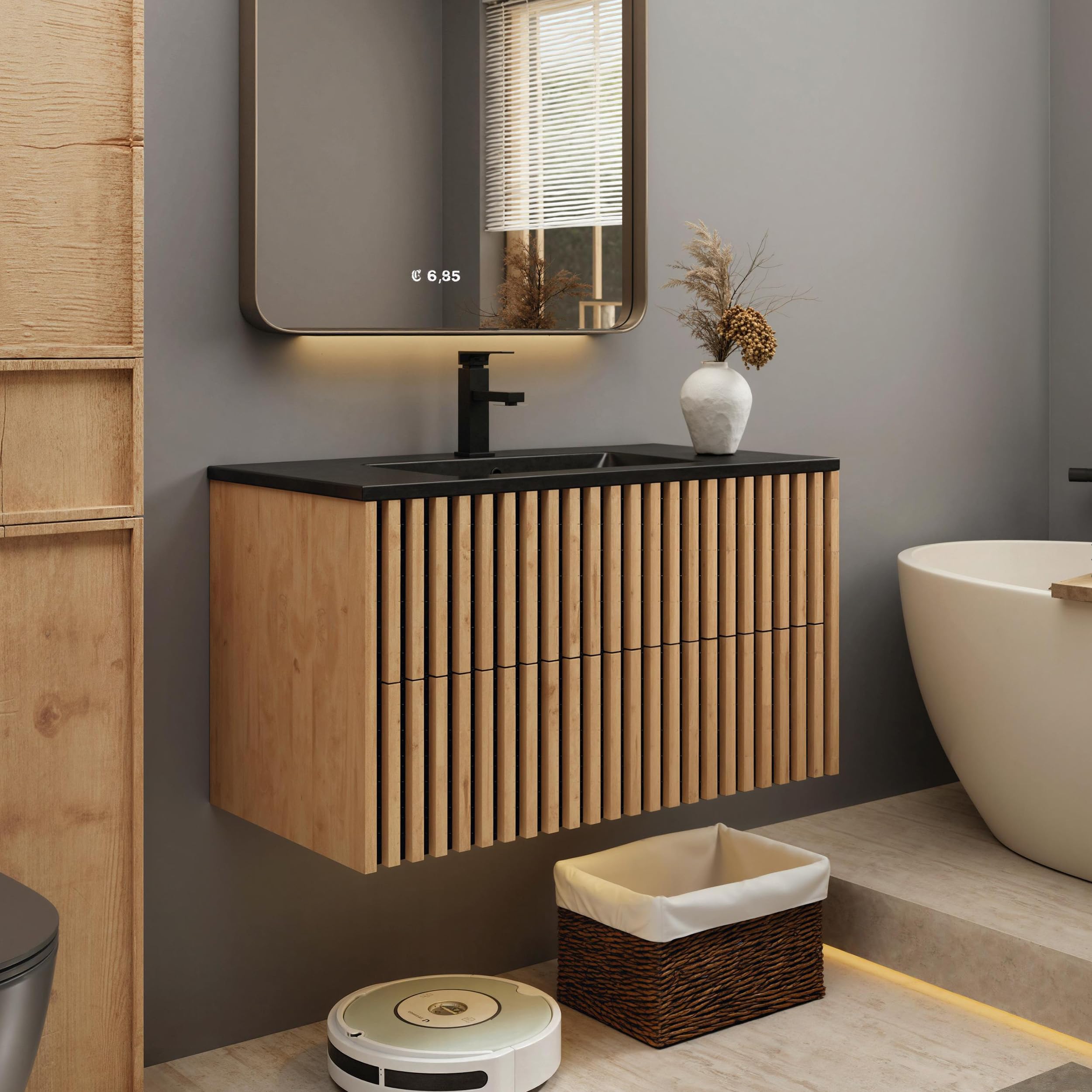 eclife 30" Floating Bathroom Vanity with Sink Combo, Modern Wall Mounted Two-Tone Cabinet with Fluted Drawers, Undermount Black Sink, Include Faucet, Drain, Mixed Natural