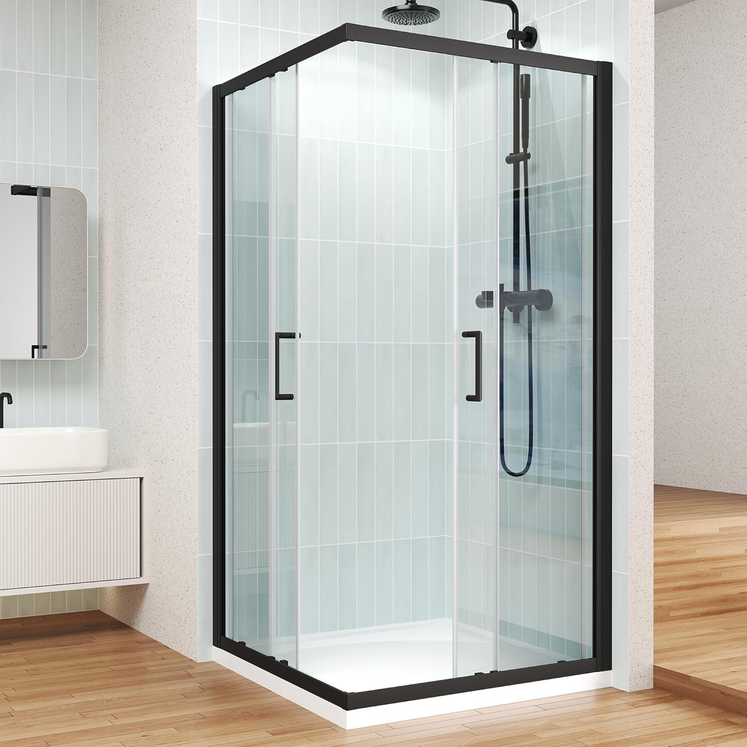 ENSO SENKA Corner Shower Enclosure 36" D X 36" W X72" H Shower Stall for Walk in Shower, 1/4" Thick Clear SGCC Tempered Glass Sliding Shower Door, Matte Black (Shower Base Not Included)