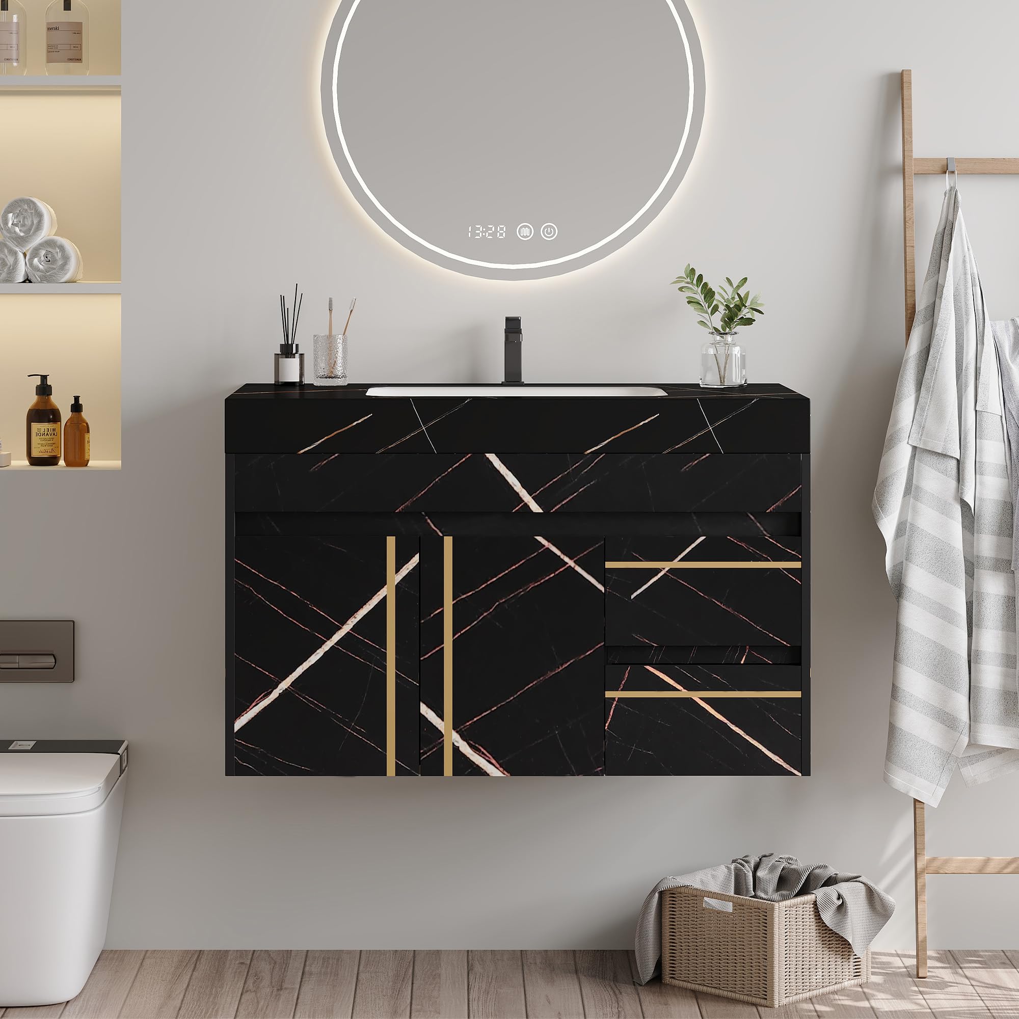 40 inch Modern Floating Bathroom Vanity with Sink, Wall Mounted Bathroom Cabinet with Ceramic Sink, Sintered Stone Countertop, 2 Soft Closing Drawers & Open Storage Shelf, Black