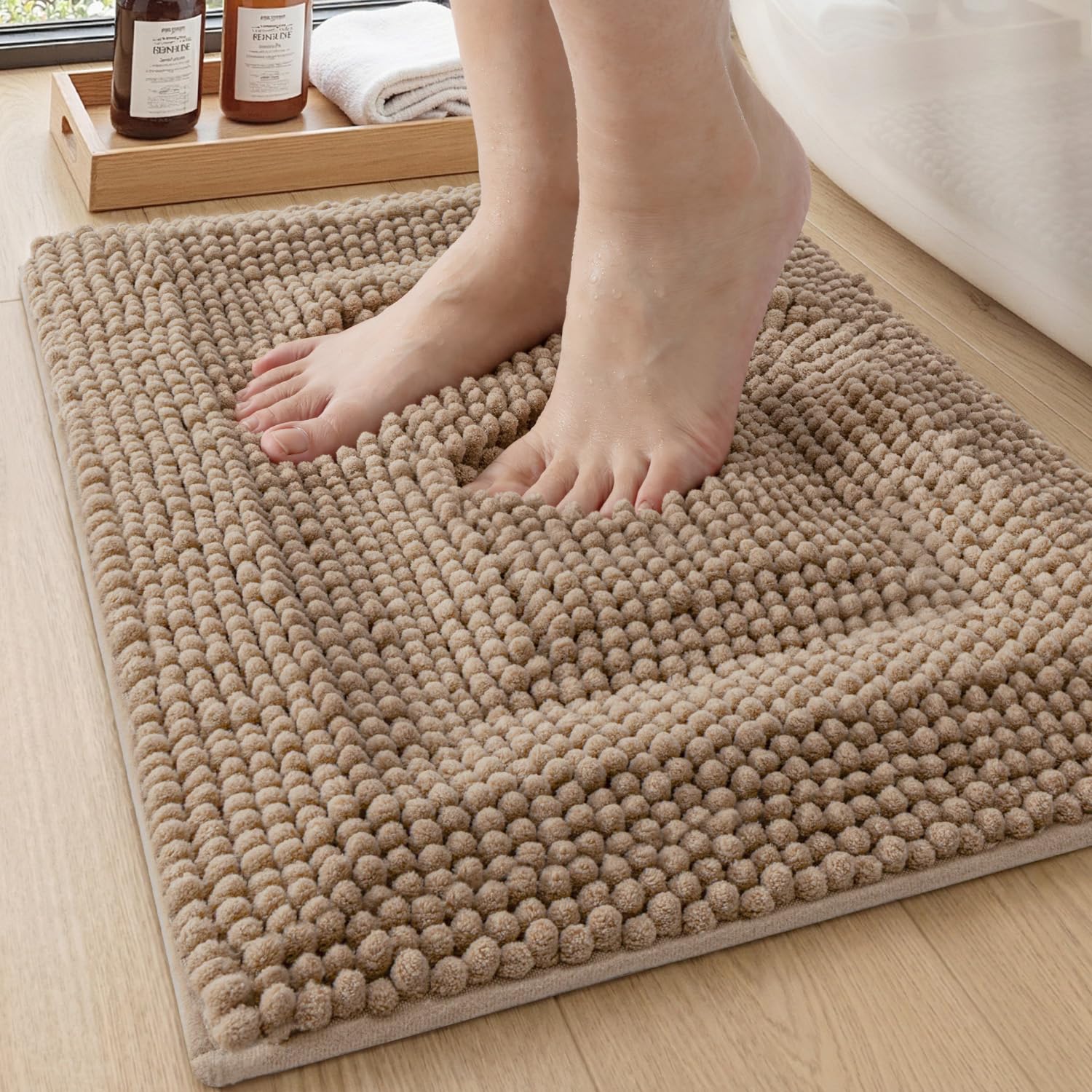DEXI Memory Foam Bath Mat 24x17, Soft Absorbent Chenille Bathroom Rug, Non Slip Quick Dry Bath Mats for Bathroom, Thick Plush Floor Carpet for Tub Shower, Sink, Beige
