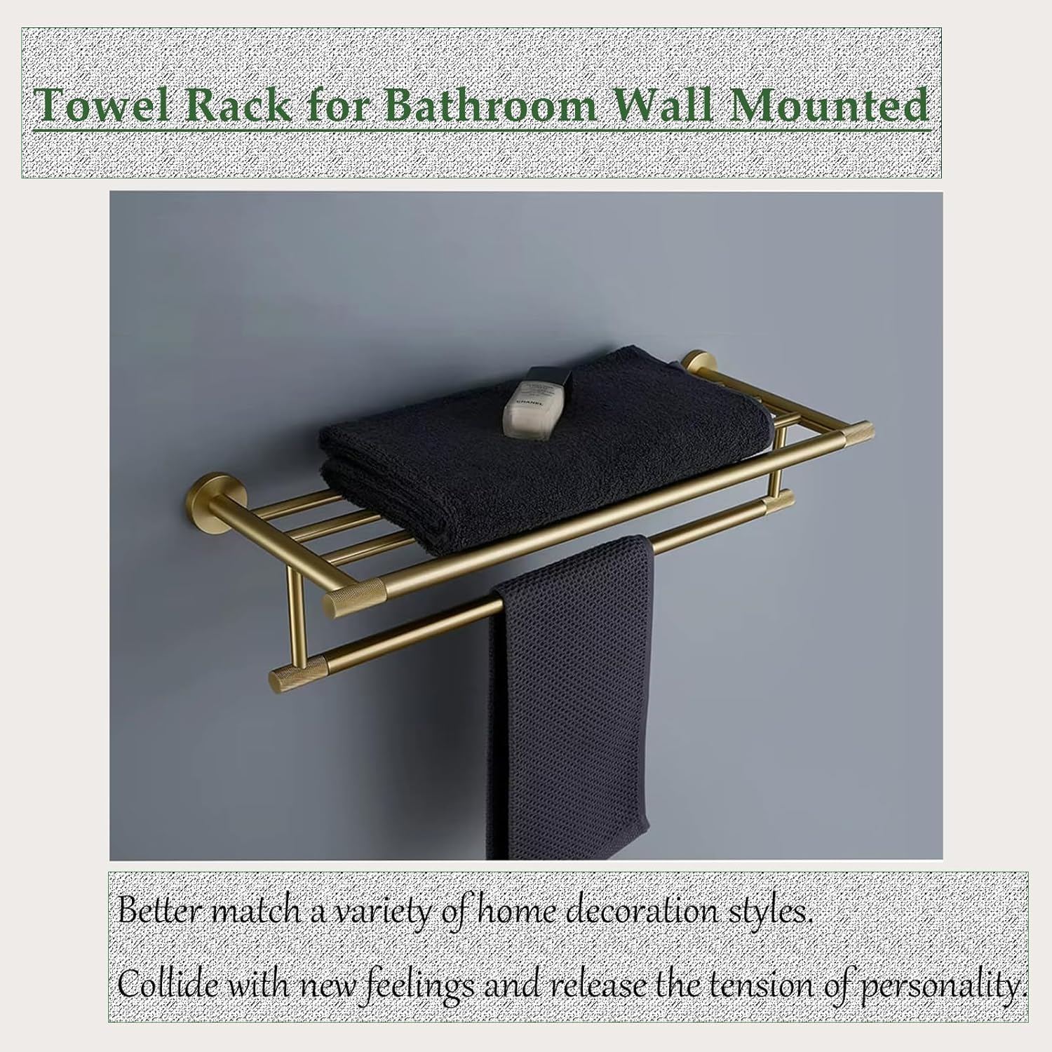 24-Inch Brushed Gold Towel Racks for Bathroom Wall-Mounted, with Solid Brass Knurled Accents, Rust-Resistant 304 Stainless Steel