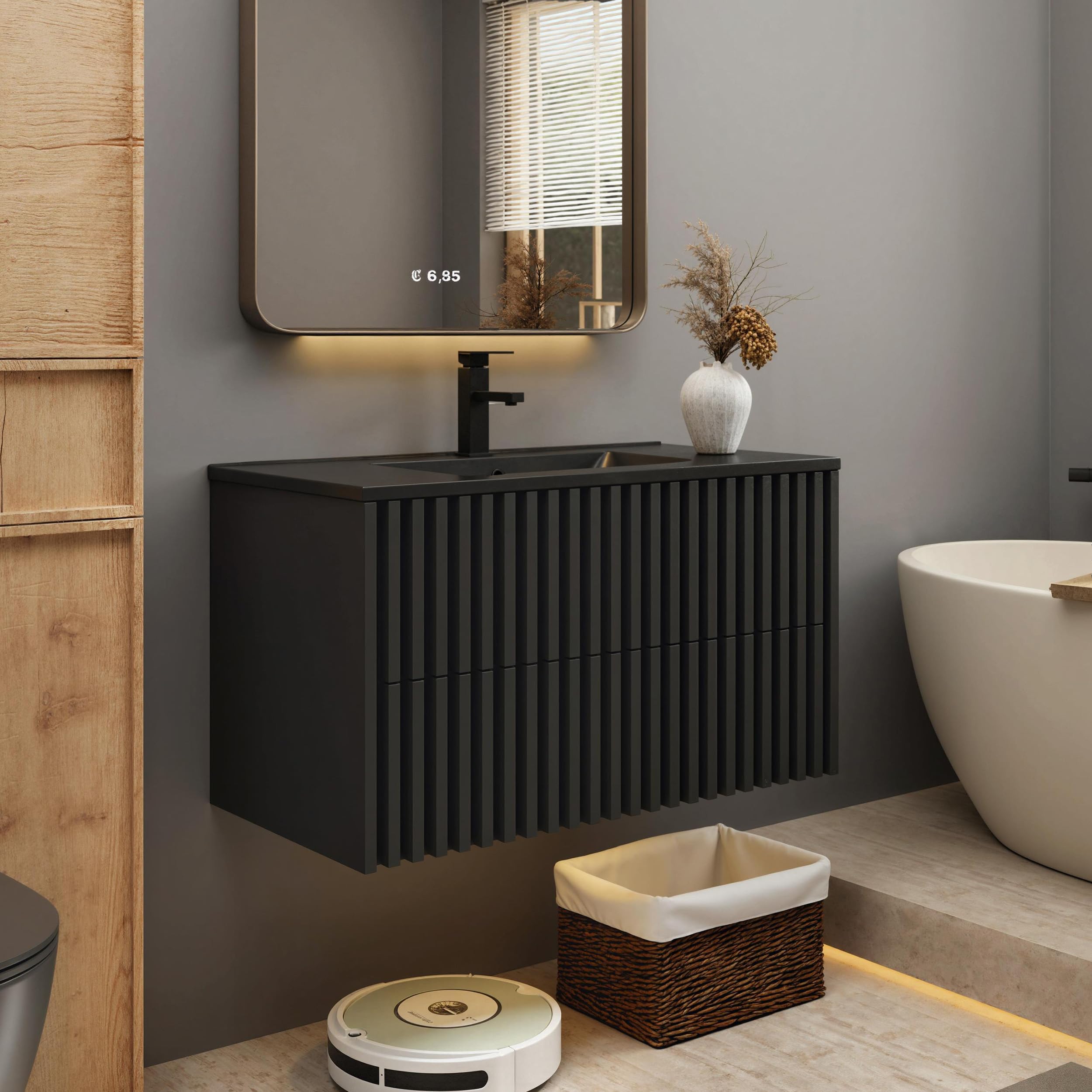 eclife 30" Floating Bathroom Vanity with Sink Combo, Modern Wall Mounted Two-Tone Cabinet with Fluted Drawers, Undermount Black Sink, Include Faucet, Drain, Mixed Natural