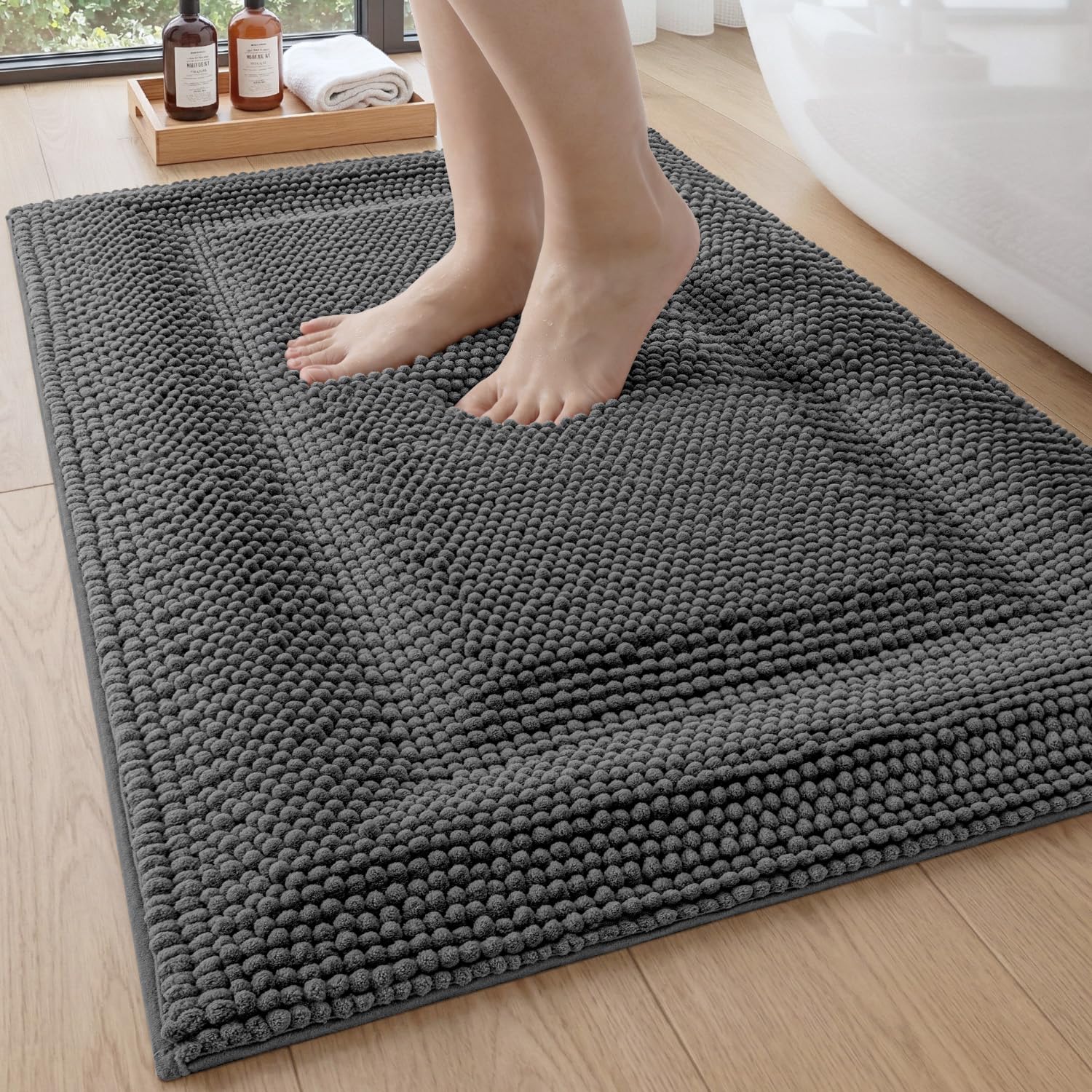 DEXI Memory Foam Bath Mat 24x17, Soft Absorbent Chenille Bathroom Rug, Non Slip Quick Dry Bath Mats for Bathroom, Thick Plush Floor Carpet for Tub Shower, Sink, Beige