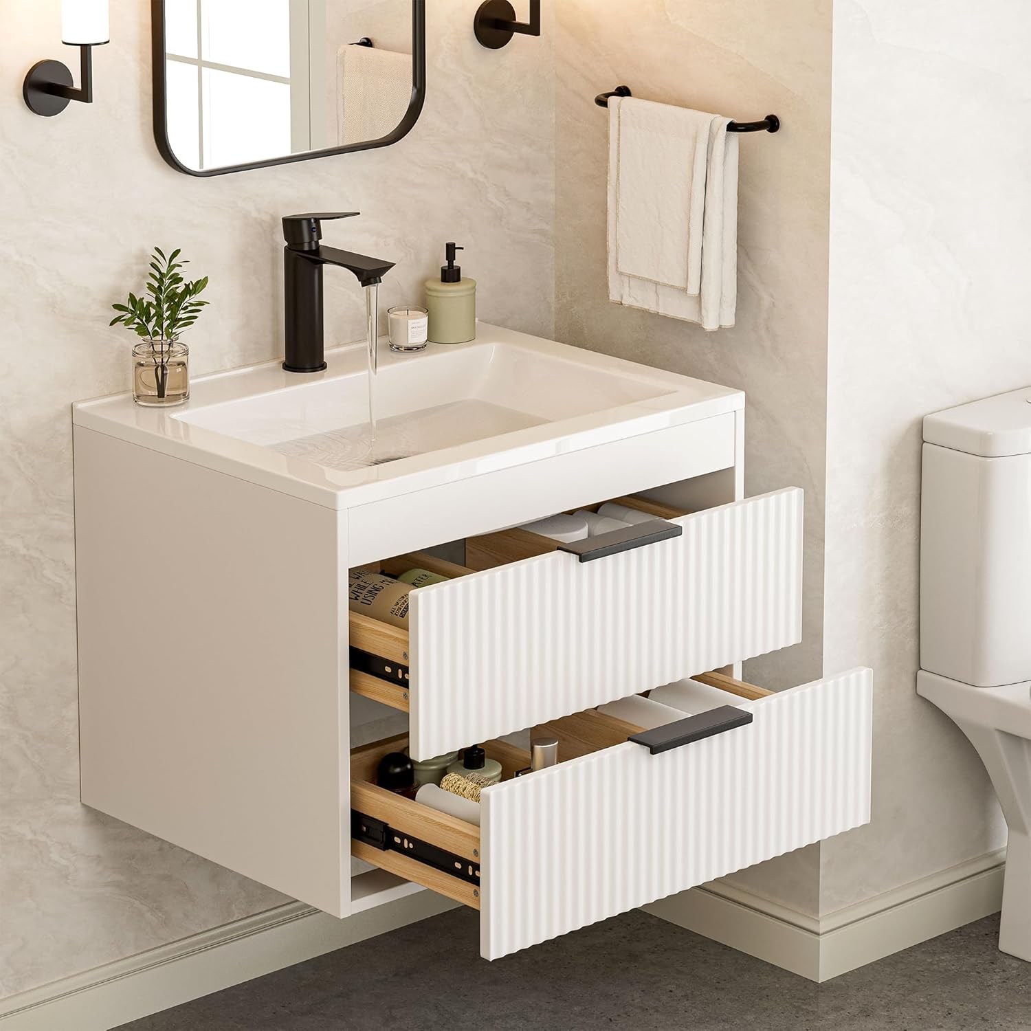 24 Inches Modern MDF Bathroom Vanity with Sink, Wall Mounted Floating Cabinets w/Double Drawers, Black Handles, White Resin Sink Combo Set (White, 24")