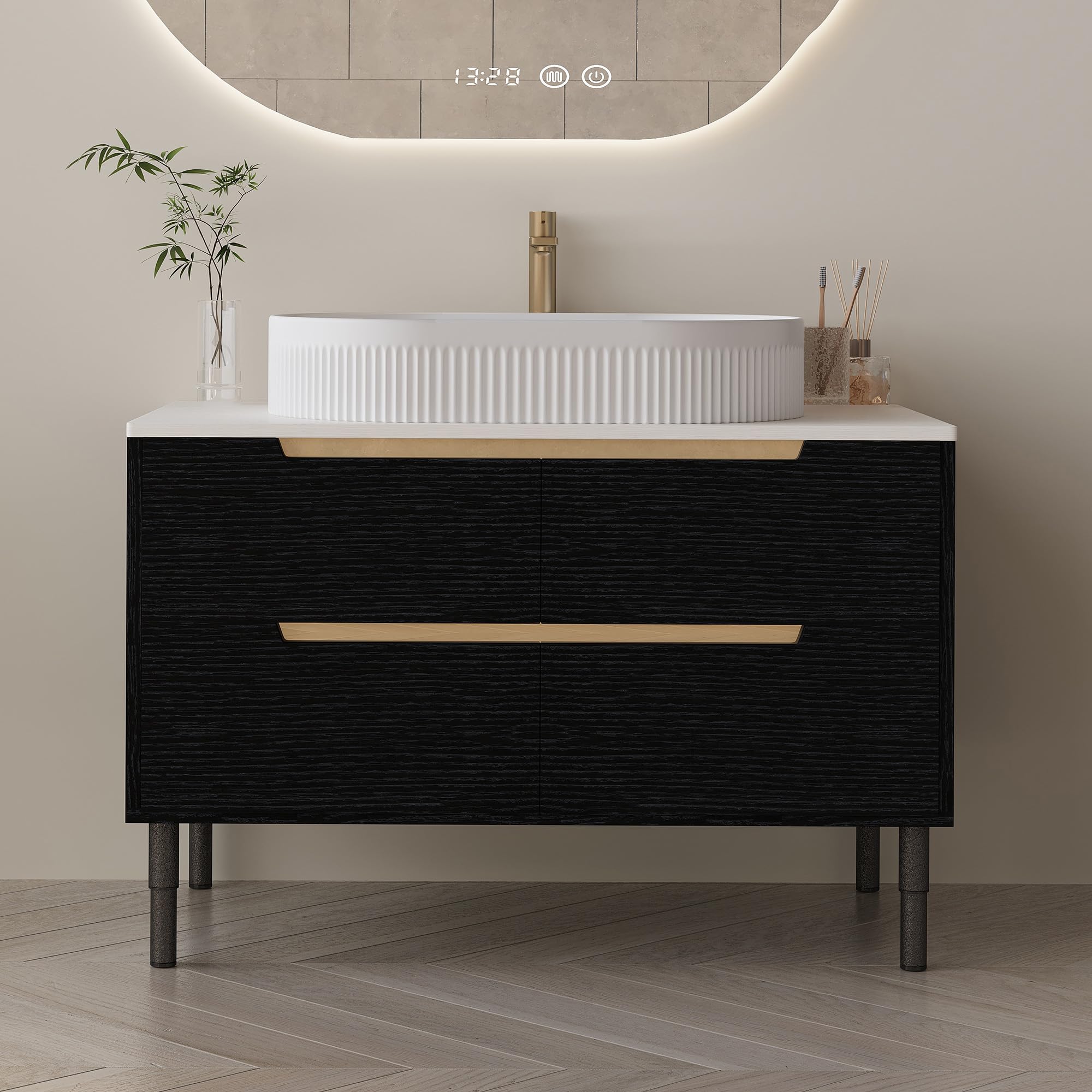 40 inch Modern Floating Bathroom Vanity with Sink, Wall Mounted Bathroom Cabinet with Ceramic Sink, Sintered Stone Countertop, 2 Soft Closing Drawers & Open Storage Shelf, Black