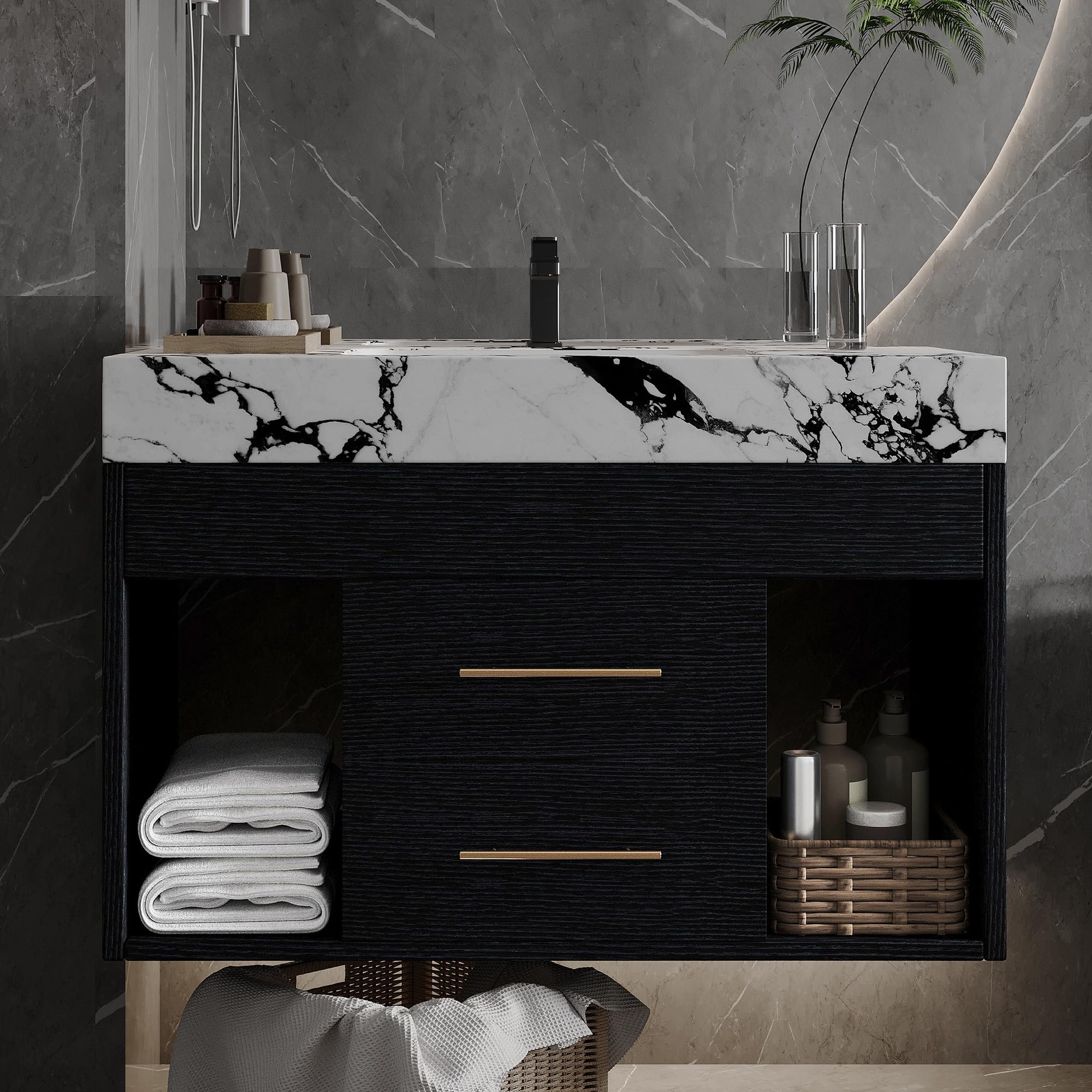 40 inch Modern Floating Bathroom Vanity with Sink, Wall Mounted Bathroom Cabinet with Ceramic Sink, Sintered Stone Countertop, 2 Soft Closing Drawers & Open Storage Shelf, Black