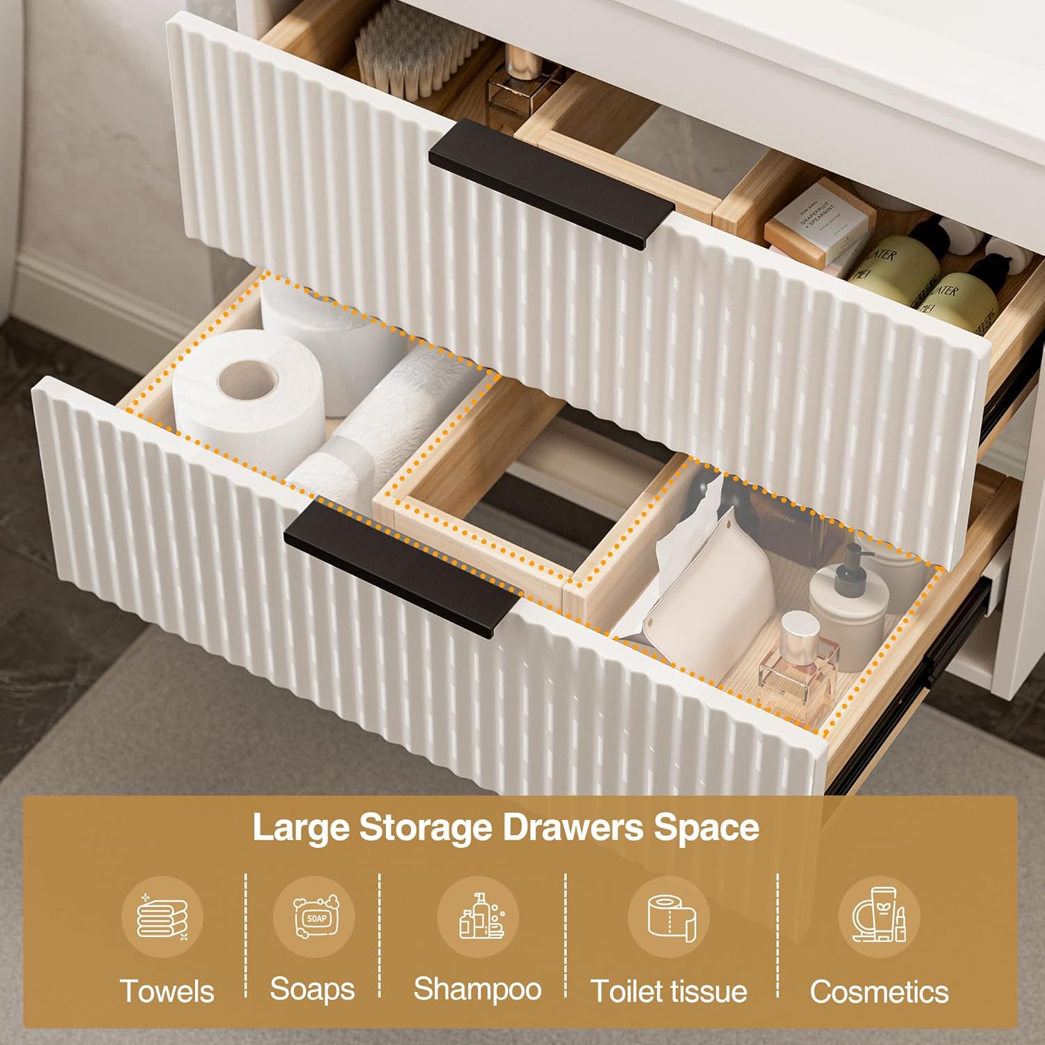 24 Inches Modern MDF Bathroom Vanity with Sink, Wall Mounted Floating Cabinets w/Double Drawers, Black Handles, White Resin Sink Combo Set (White, 24")