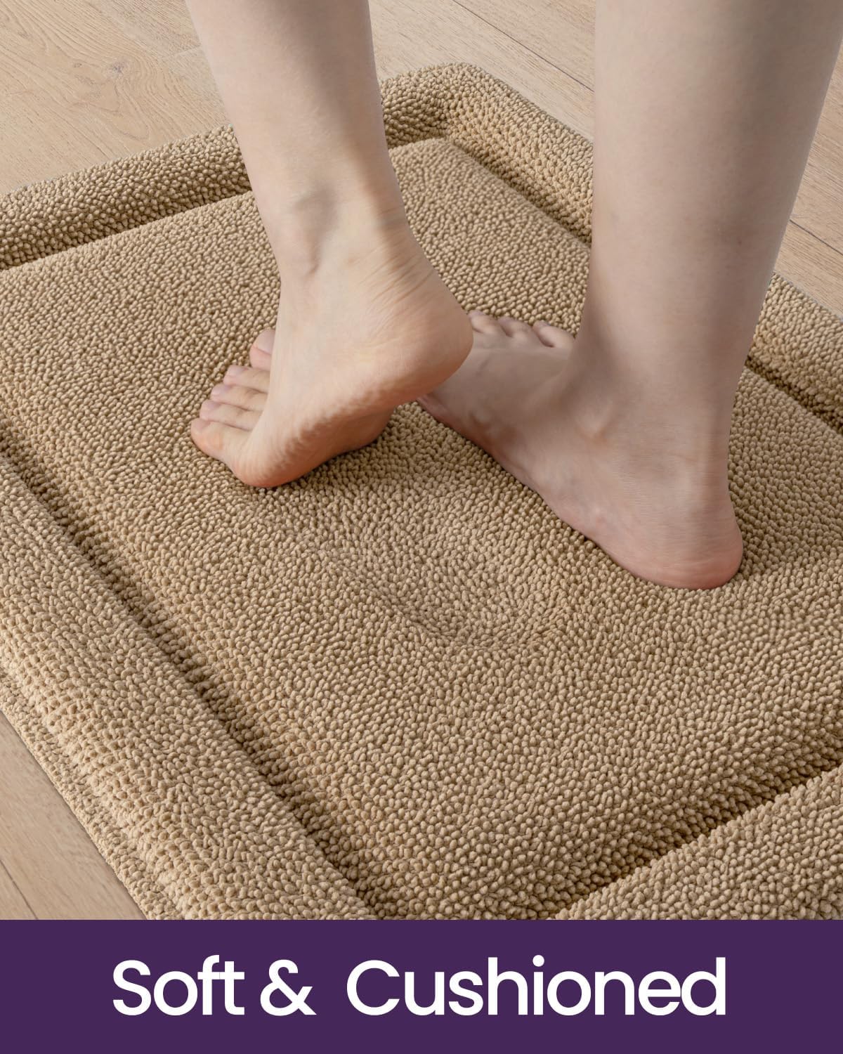 DEXI Memory Foam Bath Mat 24x17, Soft Absorbent Chenille Bathroom Rug, Non Slip Quick Dry Bath Mats for Bathroom, Thick Plush Floor Carpet for Tub Shower, Sink, Beige