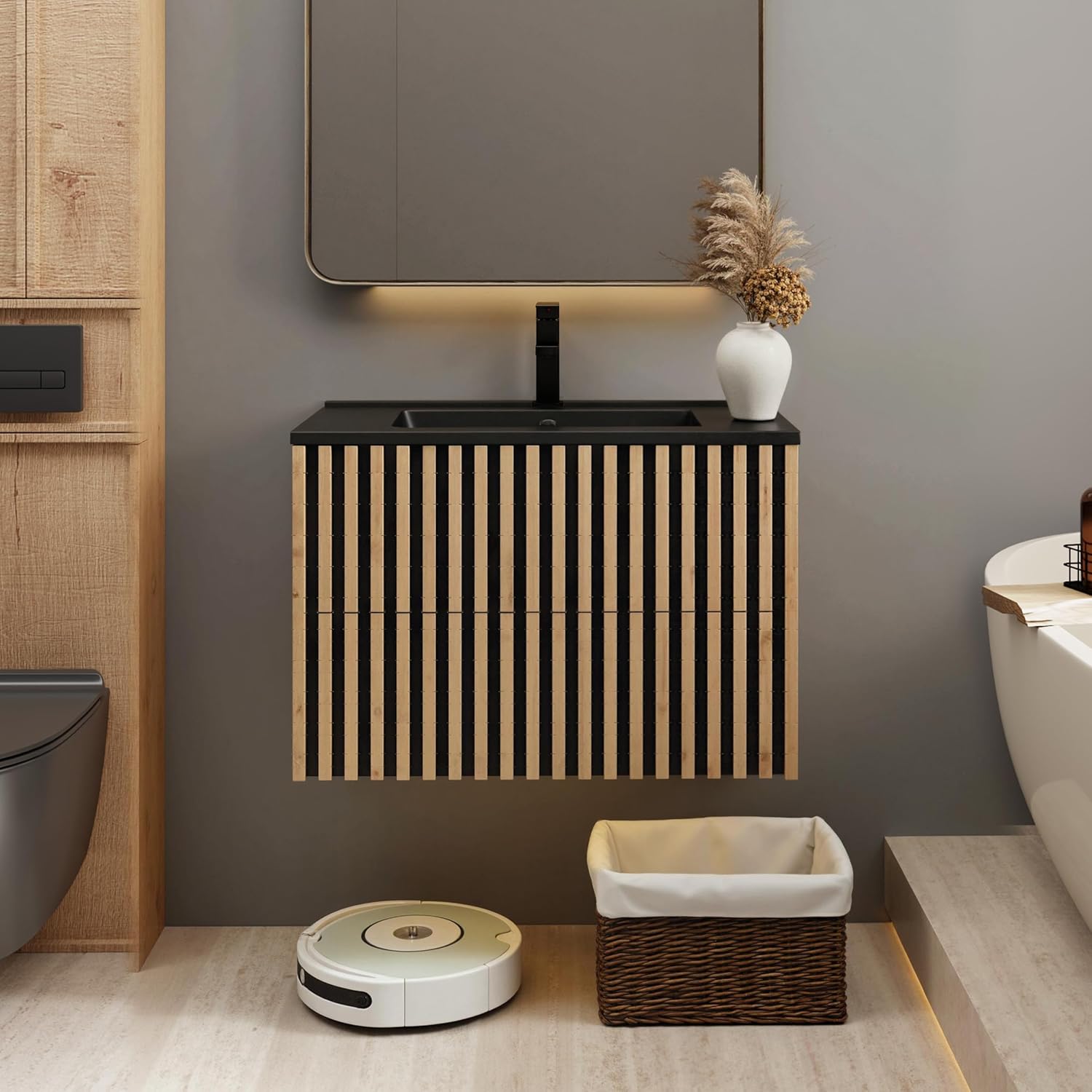 eclife 30" Floating Bathroom Vanity with Sink Combo, Modern Wall Mounted Two-Tone Cabinet with Fluted Drawers, Undermount Black Sink, Include Faucet, Drain, Mixed Natural