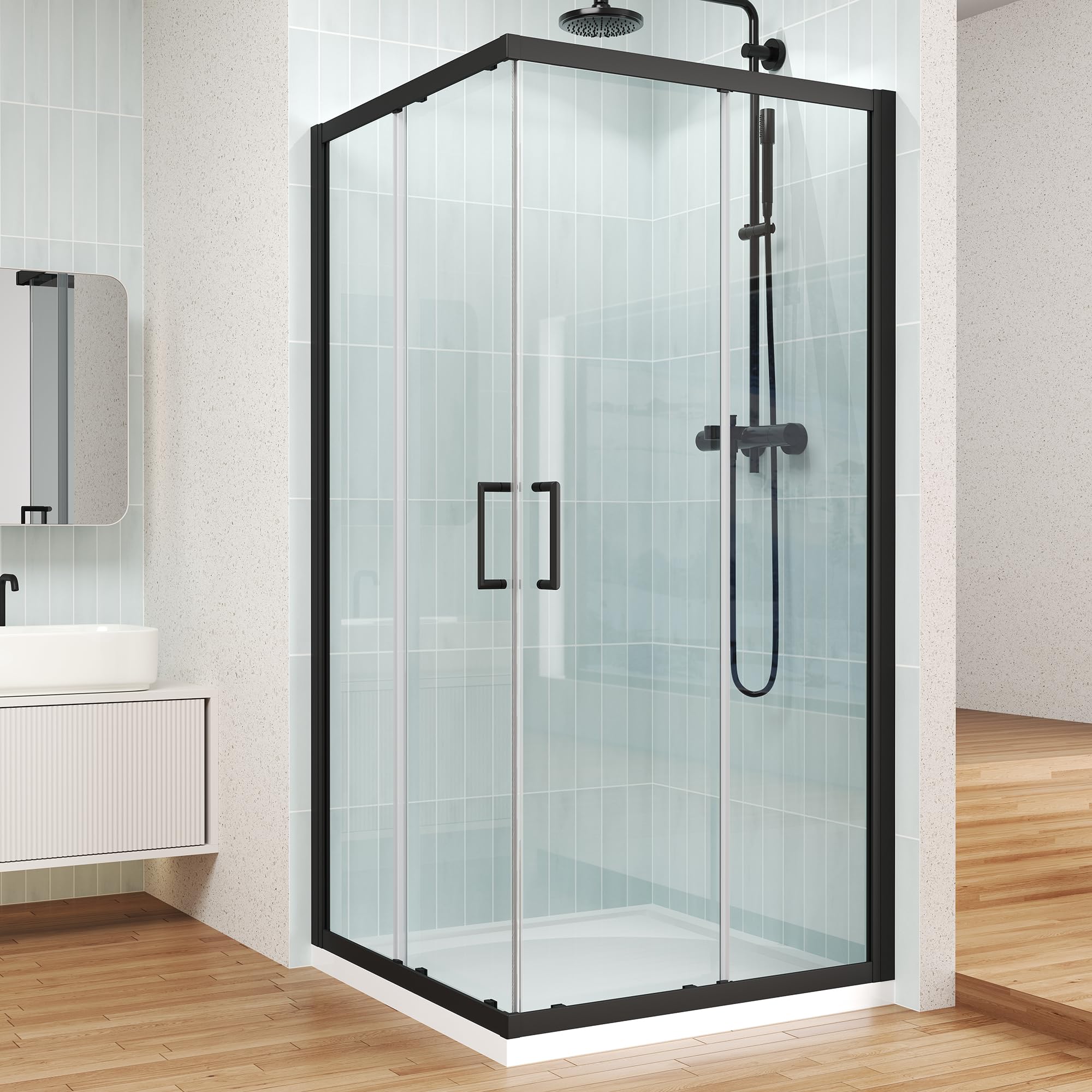 ENSO SENKA Corner Shower Enclosure 36" D X 36" W X72" H Shower Stall for Walk in Shower, 1/4" Thick Clear SGCC Tempered Glass Sliding Shower Door, Matte Black (Shower Base Not Included)