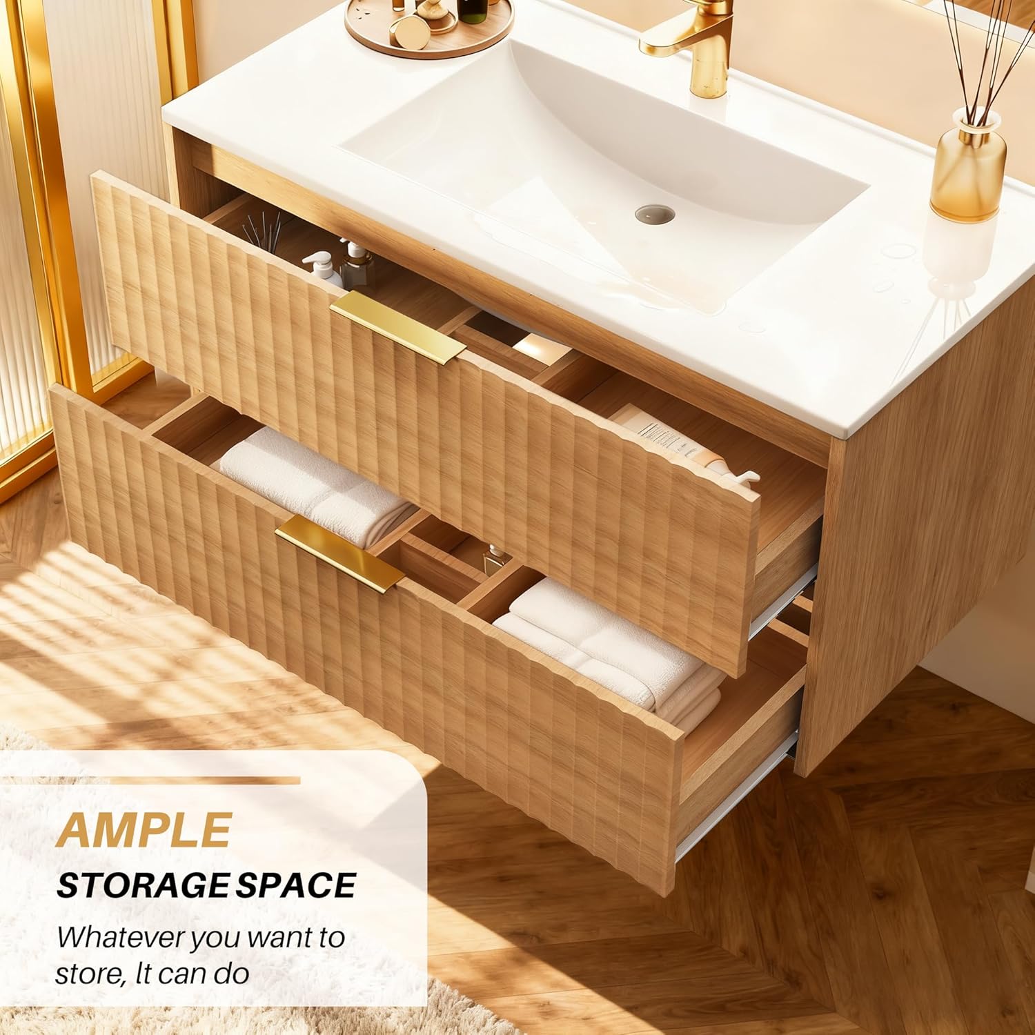 36 Inch Bathroom Vanity with Sink, Modern Floating Bathroom Vanity with Resin Sink, 2 Large Storage Darwers, Wood Grain Texture Wall Mounted Vanity, Gold Handles (36'')