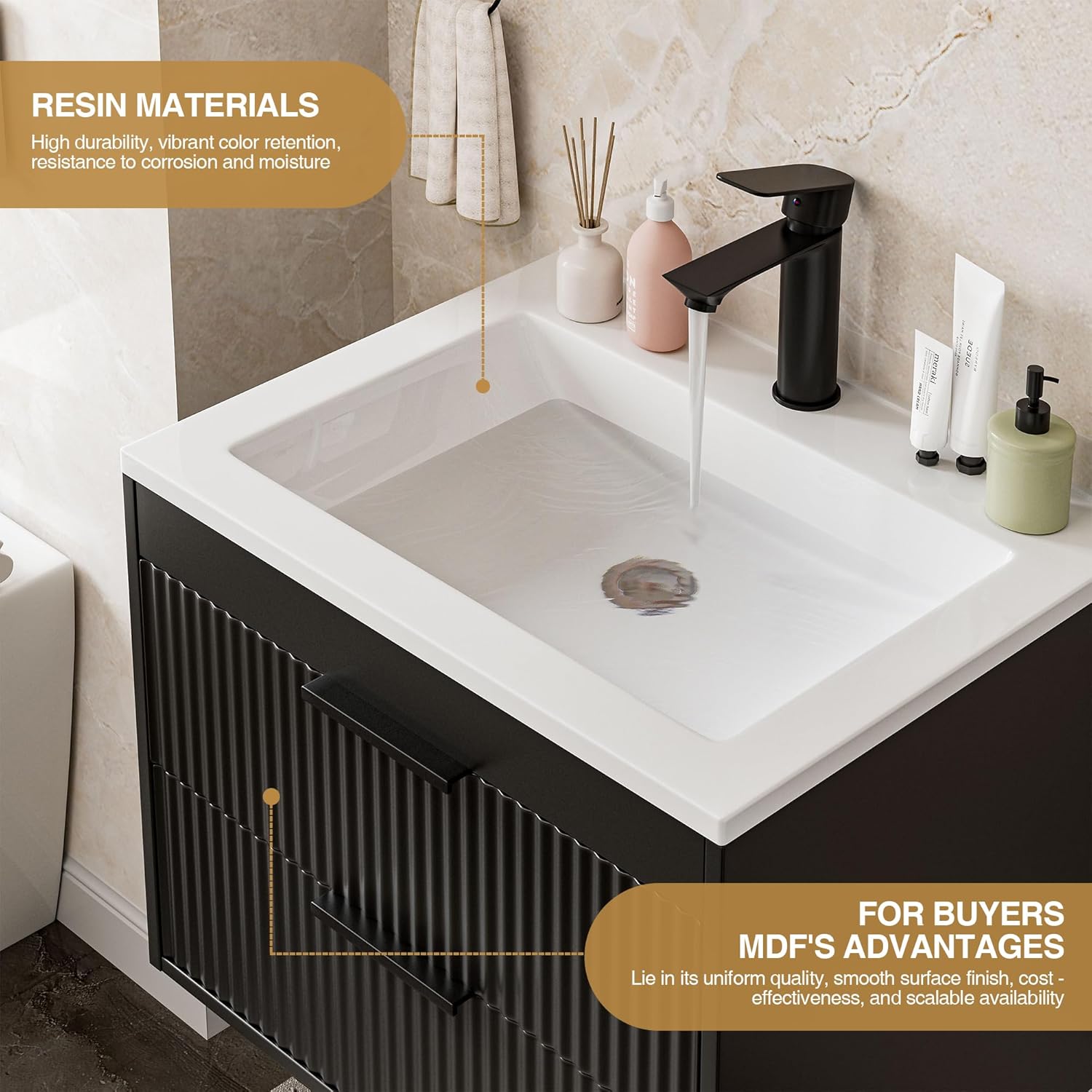 24 Inches Modern MDF Bathroom Vanity with Sink, Wall Mounted Floating Cabinets w/Double Drawers, Black Handles, White Resin Sink Combo Set (Black, 24")