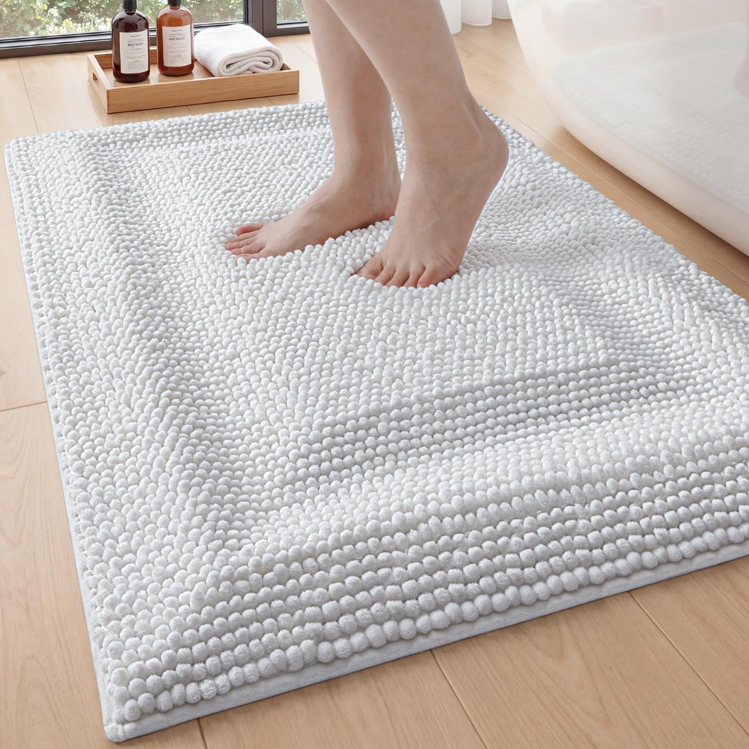 DEXI Memory Foam Bath Mat 32x20, Soft Absorbent Chenille Bathroom Rug, Non Slip Quick Dry Bath Mats for Bathroom, Thick Plush Floor Carpet for Tub Shower, Sink, Ivory
