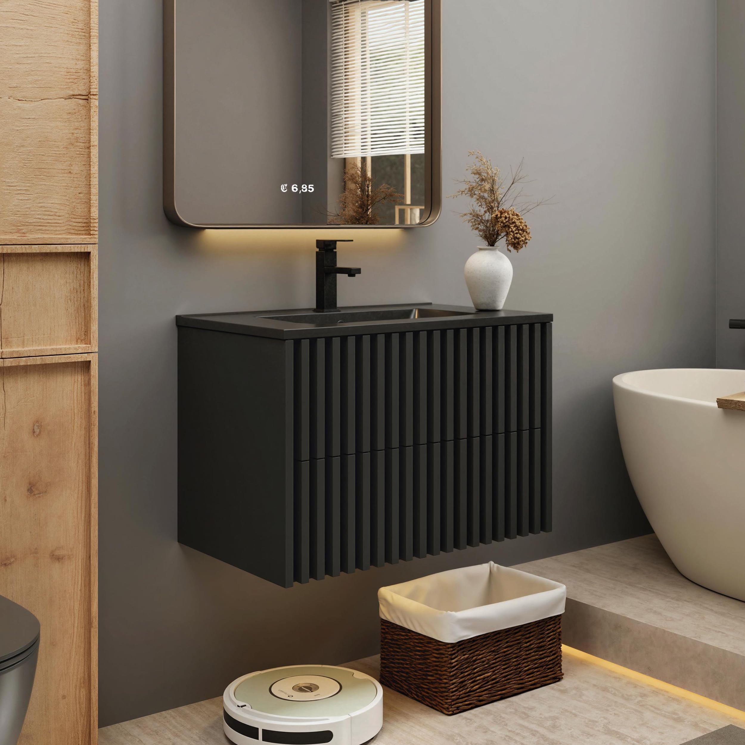 eclife 30" Floating Bathroom Vanity with Sink Combo, Modern Wall Mounted Two-Tone Cabinet with Fluted Drawers, Undermount Black Sink, Include Faucet, Drain, Mixed Natural