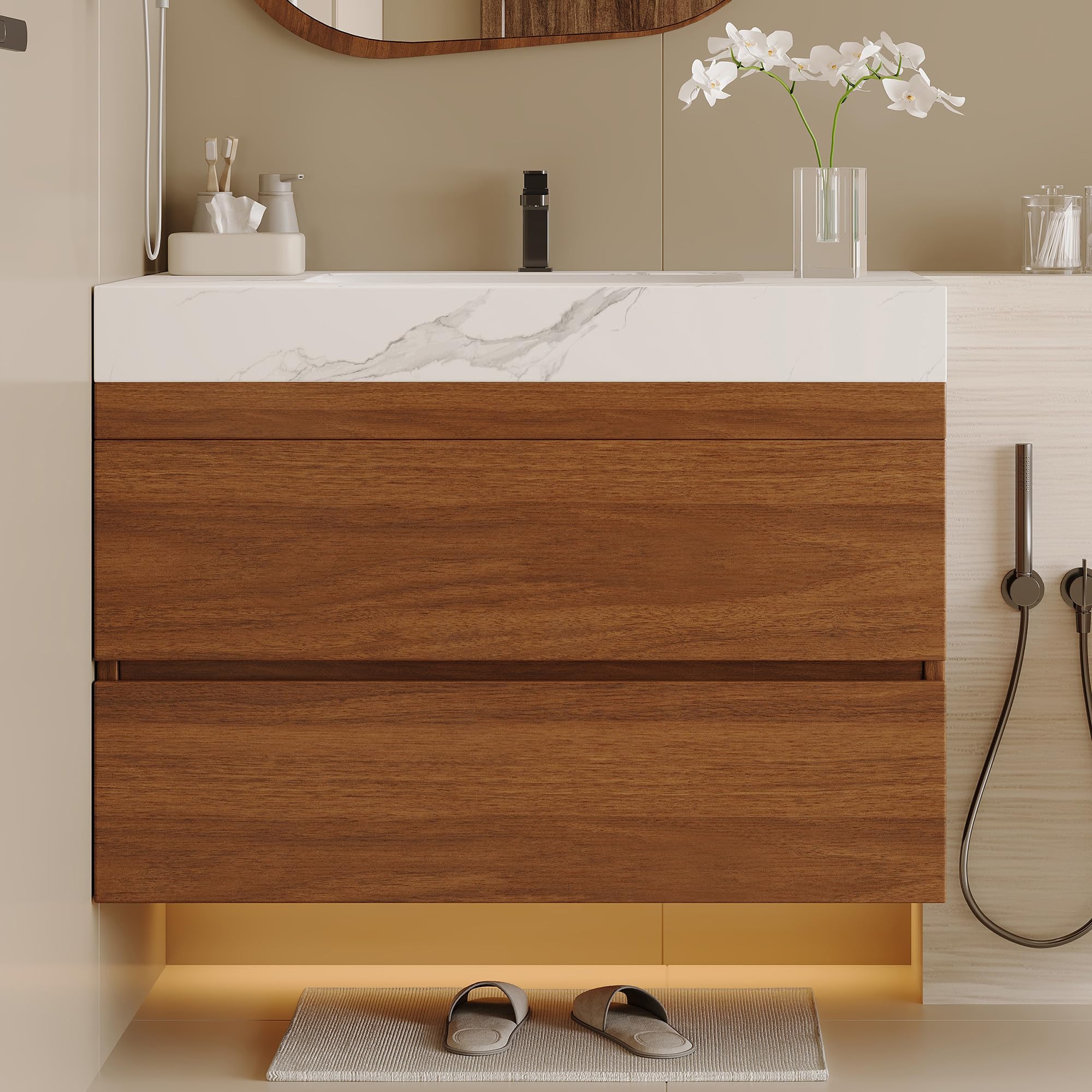 40 inch Modern Floating Bathroom Vanity with Sink, Wall Mounted Bathroom Cabinet with Ceramic Sink, Sintered Stone Countertop, 2 Soft Closing Drawers & Open Storage Shelf, Black