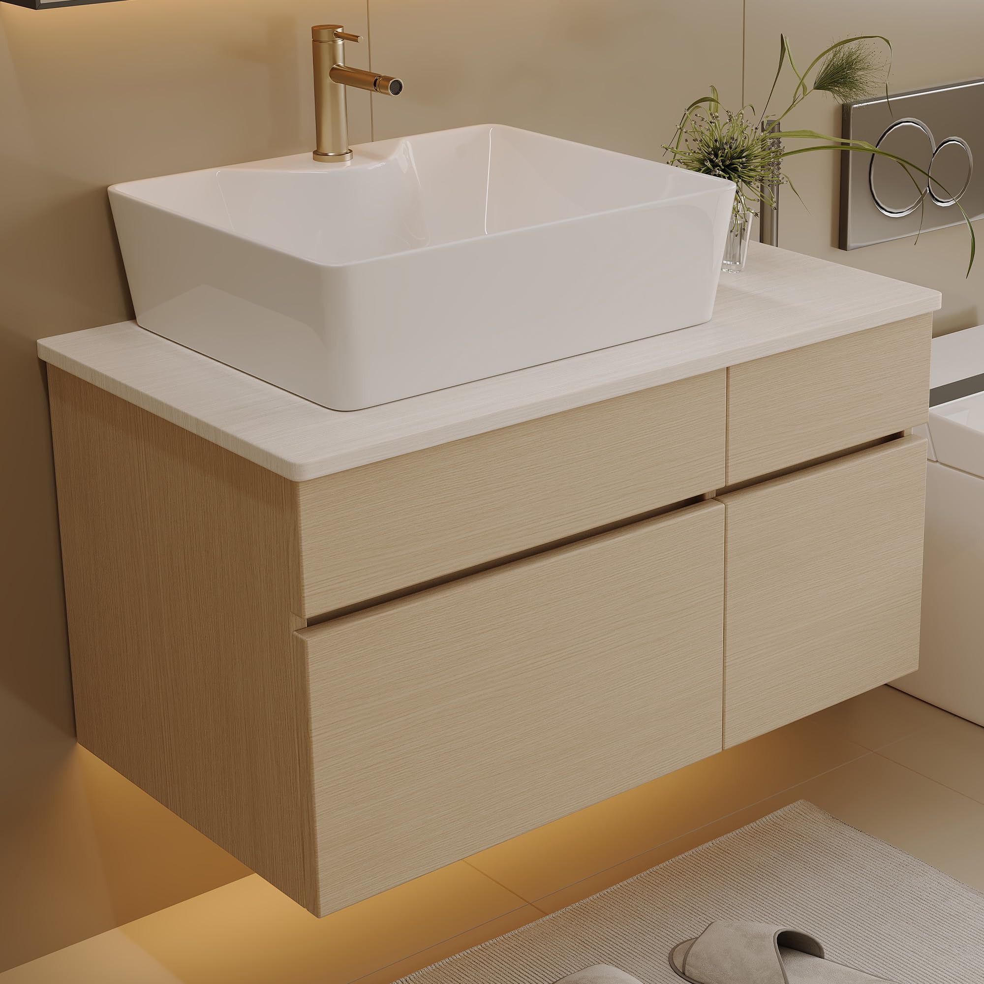 40 inch Modern Floating Bathroom Vanity with Sink, Wall Mounted Bathroom Cabinet with Ceramic Sink, Sintered Stone Countertop, 2 Soft Closing Drawers & Open Storage Shelf, Black