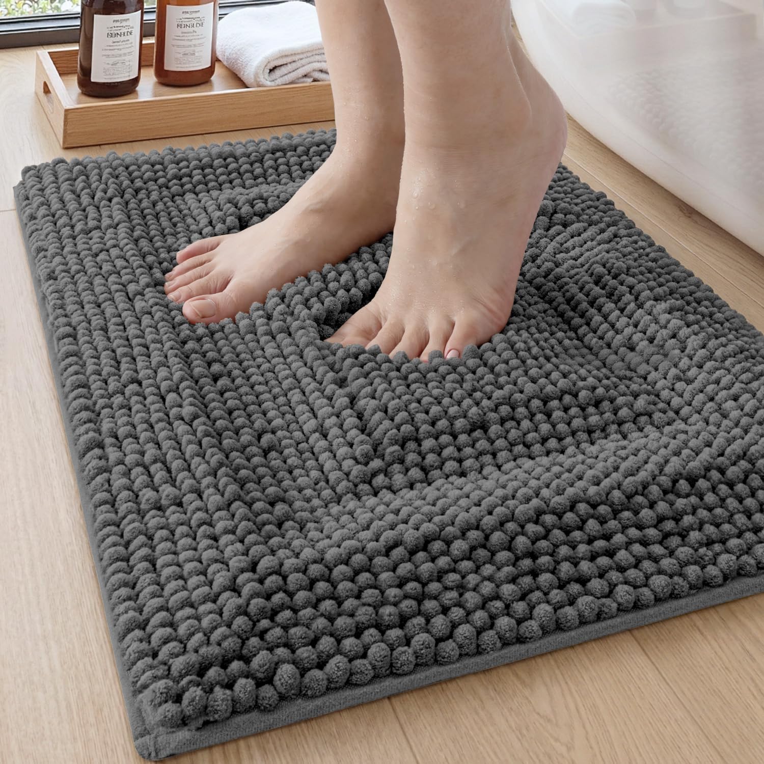 DEXI Memory Foam Bath Mat 24x17, Soft Absorbent Chenille Bathroom Rug, Non Slip Quick Dry Bath Mats for Bathroom, Thick Plush Floor Carpet for Tub Shower, Sink, Beige