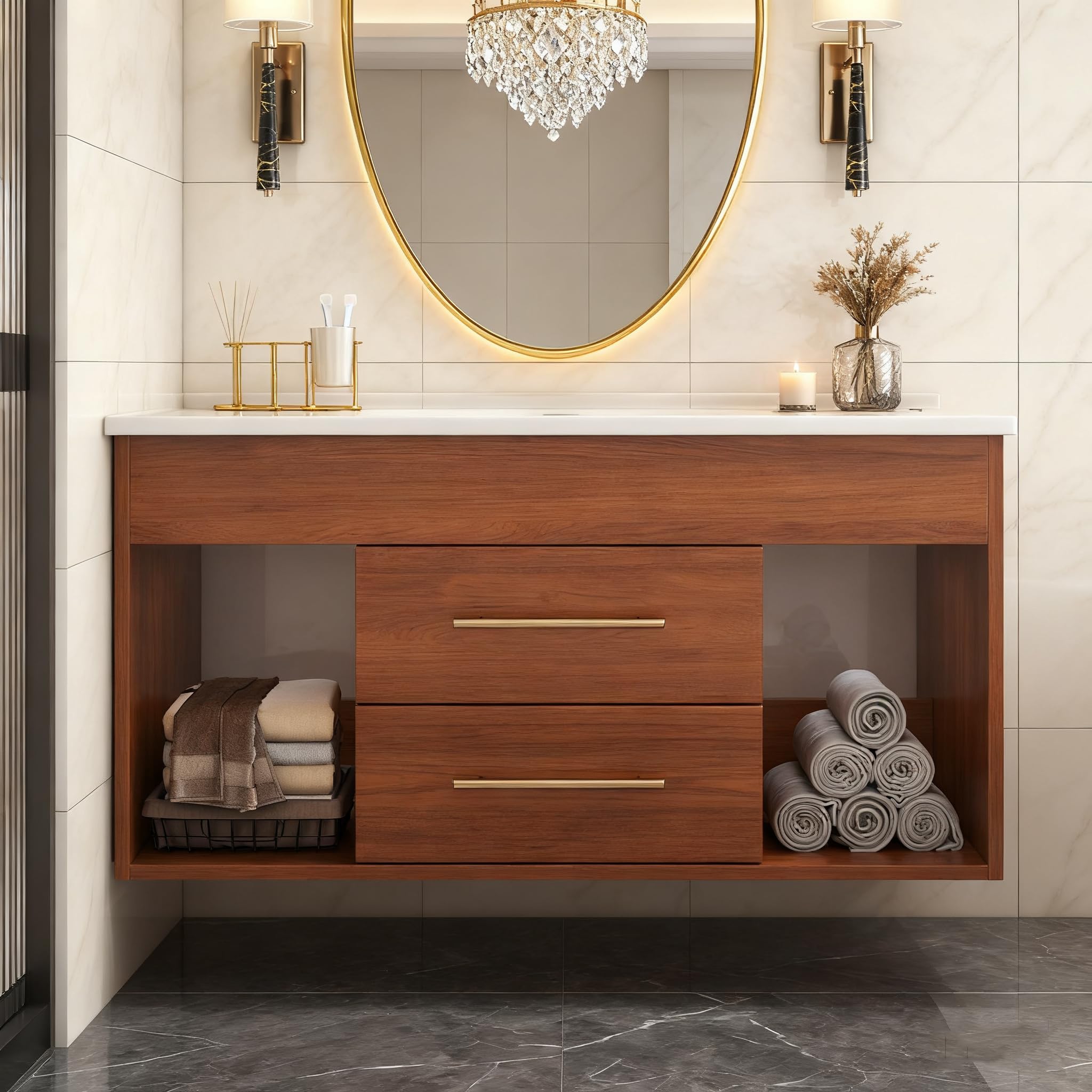 40 inch Modern Floating Bathroom Vanity with Sink, Wall Mounted Bathroom Cabinet with Ceramic Sink, Sintered Stone Countertop, 2 Soft Closing Drawers & Open Storage Shelf, Black