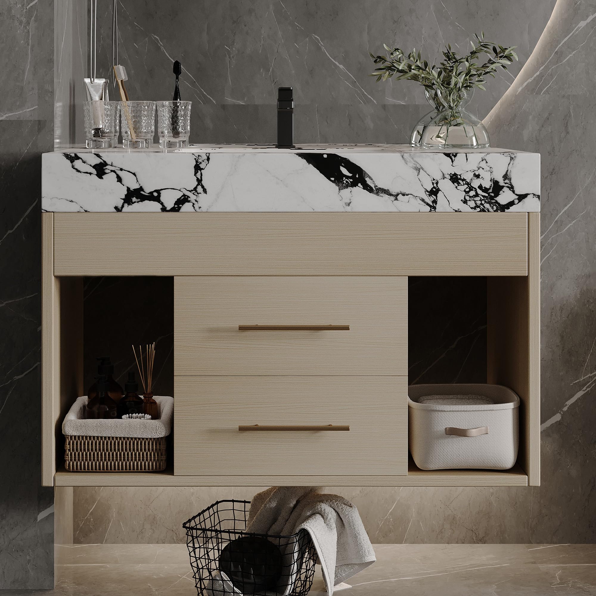 40 inch Modern Floating Bathroom Vanity with Sink, Wall Mounted Bathroom Cabinet with Ceramic Sink, Sintered Stone Countertop, 2 Soft Closing Drawers & Open Storage Shelf, Black