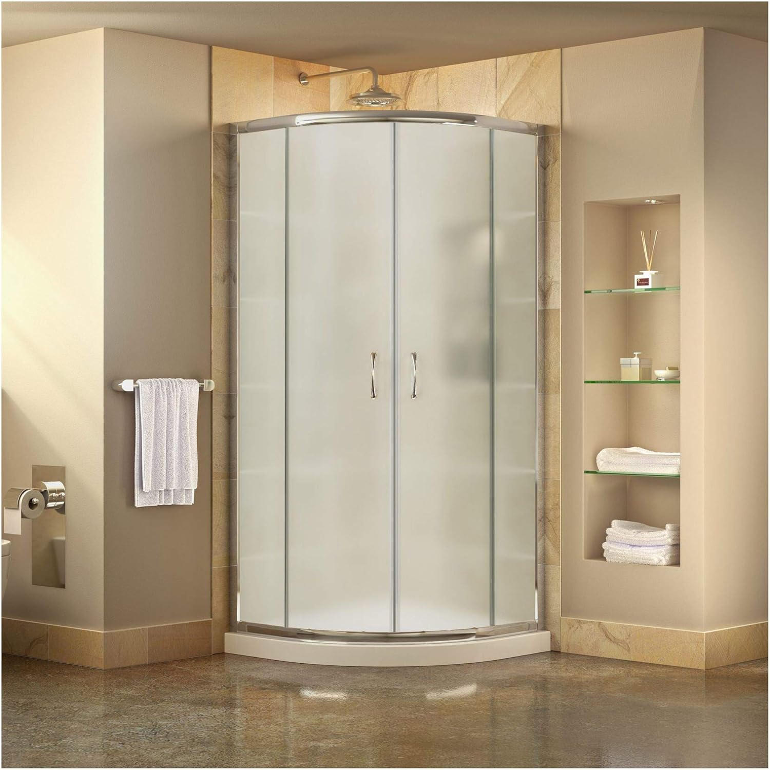 DreamLine Prime 36 in. x 74 3/4 in. Semi-Frameless Frosted Glass Sliding Shower Enclosure in Chrome with White Base Kit, DL-6702-01FR