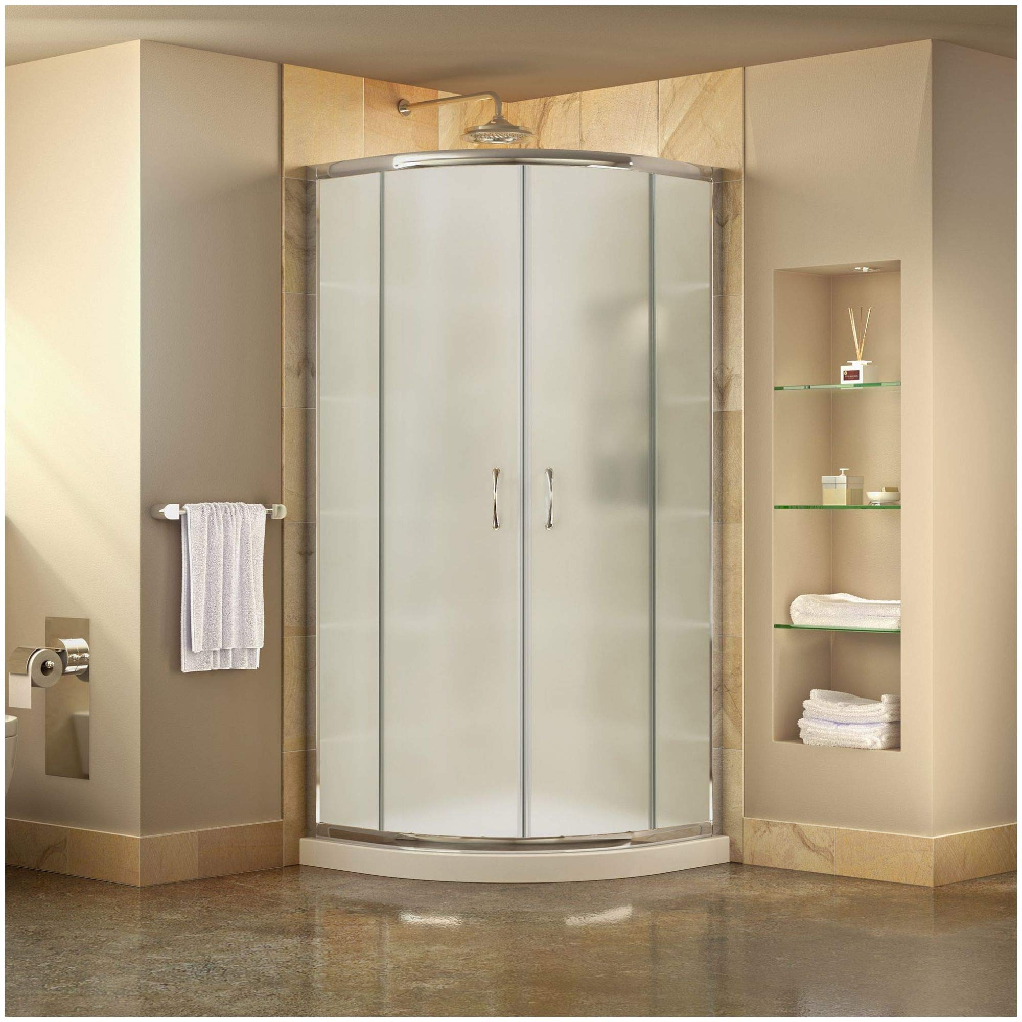 DreamLine Prime 36 in. x 74 3/4 in. Semi-Frameless Frosted Glass Sliding Shower Enclosure in Chrome with White Base Kit, DL-6702-01FR