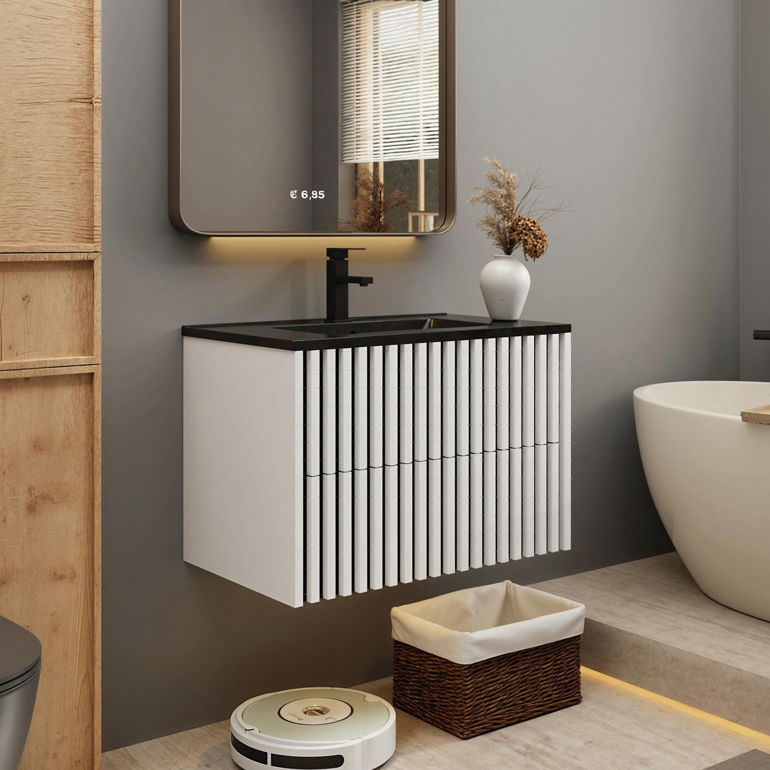 eclife 30" Floating Bathroom Vanity with Sink Combo, Modern Wall Mounted Two-Tone Cabinet with Fluted Drawers, Undermount Black Sink, Include Faucet, Drain, Mixed Natural