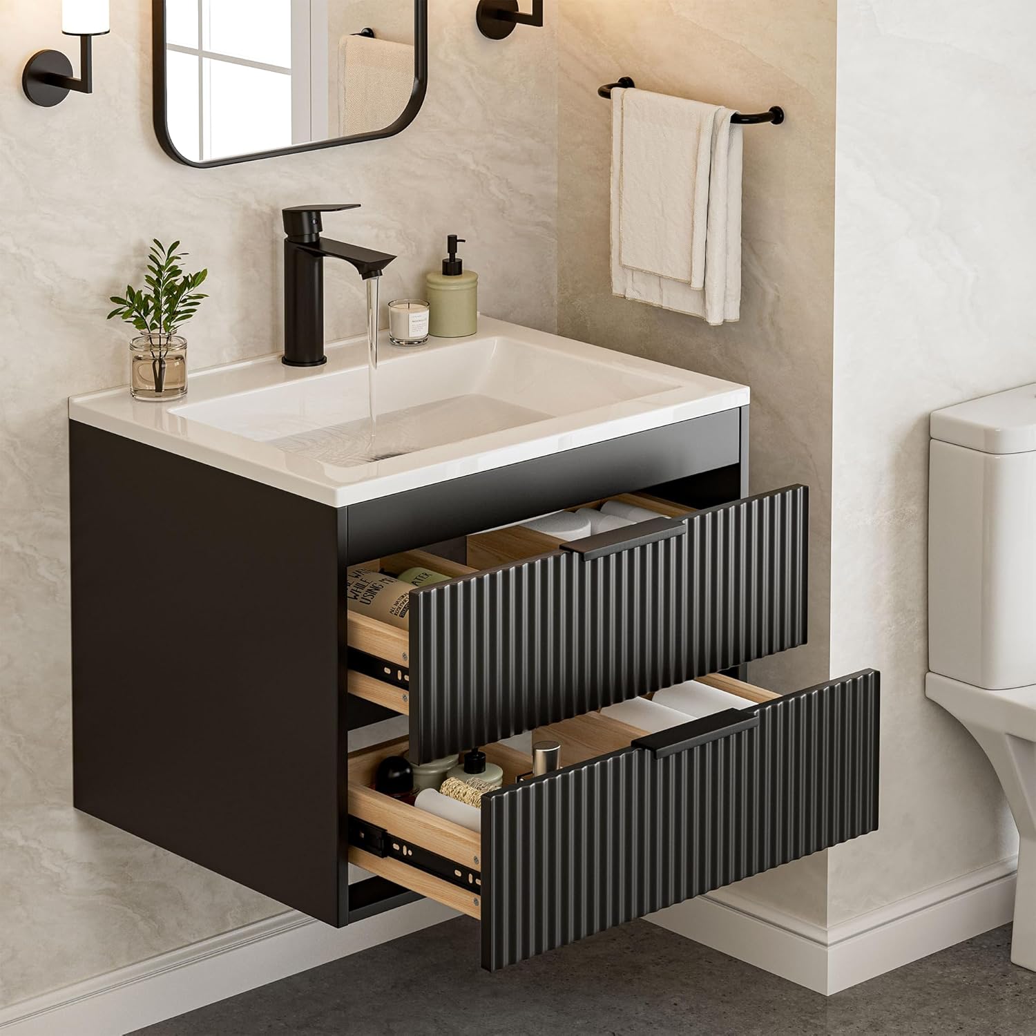 24 Inches Modern MDF Bathroom Vanity with Sink, Wall Mounted Floating Cabinets w/Double Drawers, Black Handles, White Resin Sink Combo Set (Black, 24")
