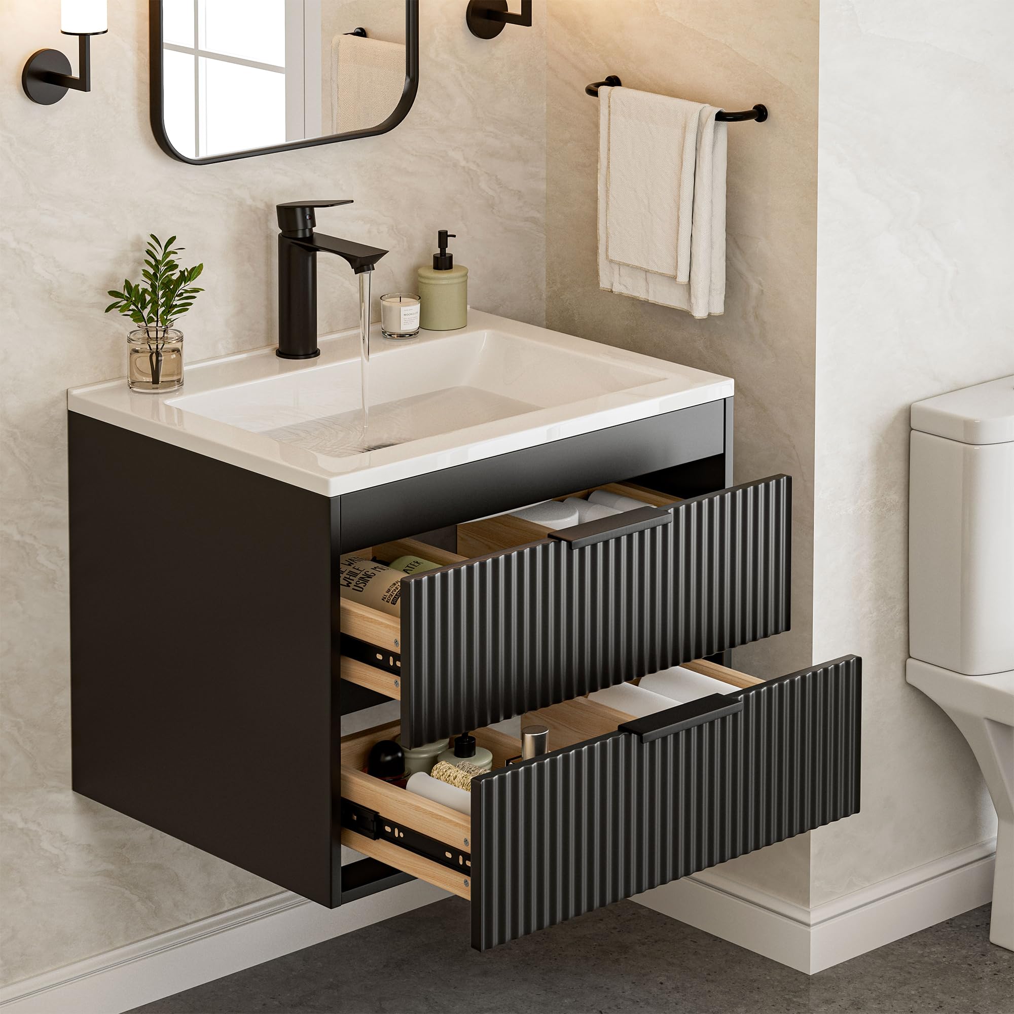 24 Inches Modern MDF Bathroom Vanity with Sink, Wall Mounted Floating Cabinets w/Double Drawers, Black Handles, White Resin Sink Combo Set (Black, 24")