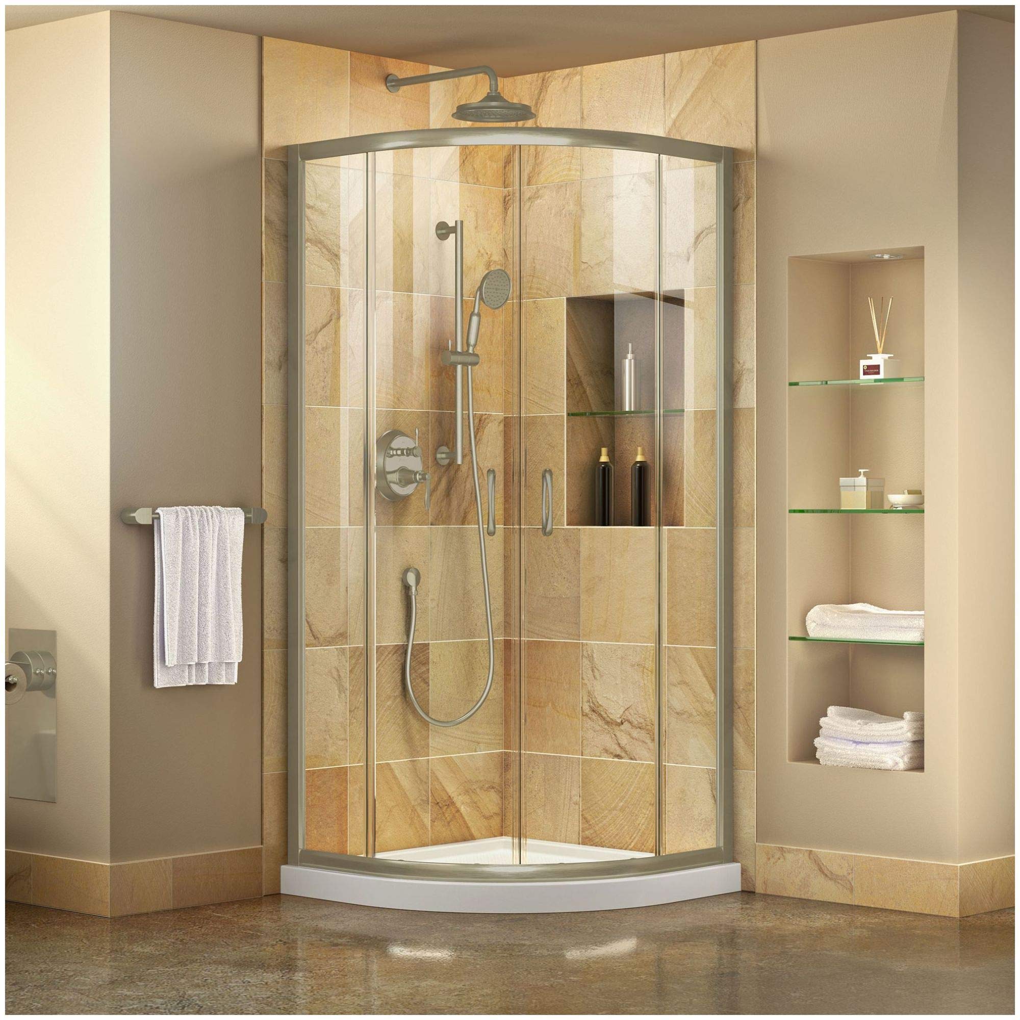 DreamLine Prime 36 in. x 74 3/4 in. Semi-Frameless Frosted Glass Sliding Shower Enclosure in Chrome with White Base Kit, DL-6702-01FR