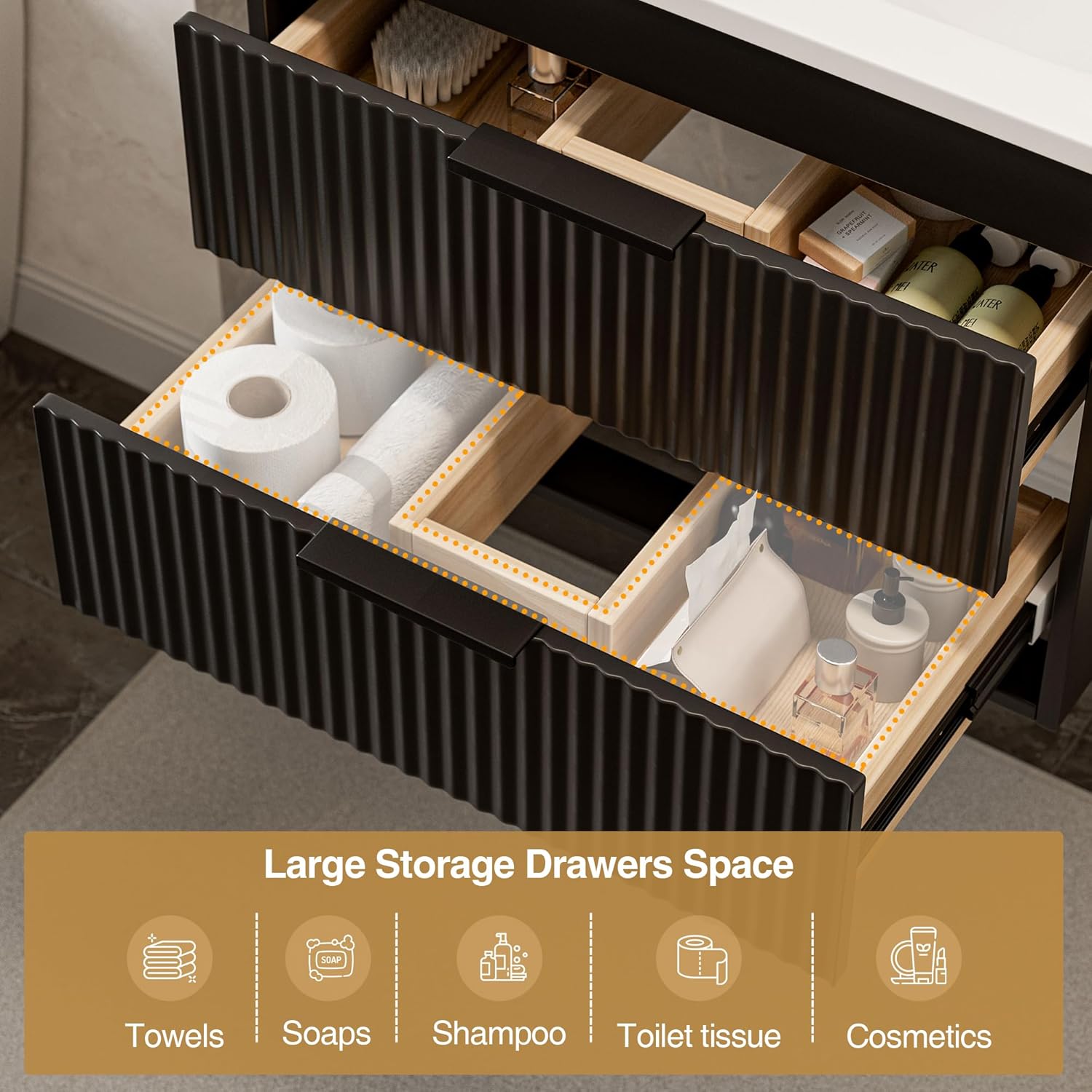 24 Inches Modern MDF Bathroom Vanity with Sink, Wall Mounted Floating Cabinets w/Double Drawers, Black Handles, White Resin Sink Combo Set (Black, 24")